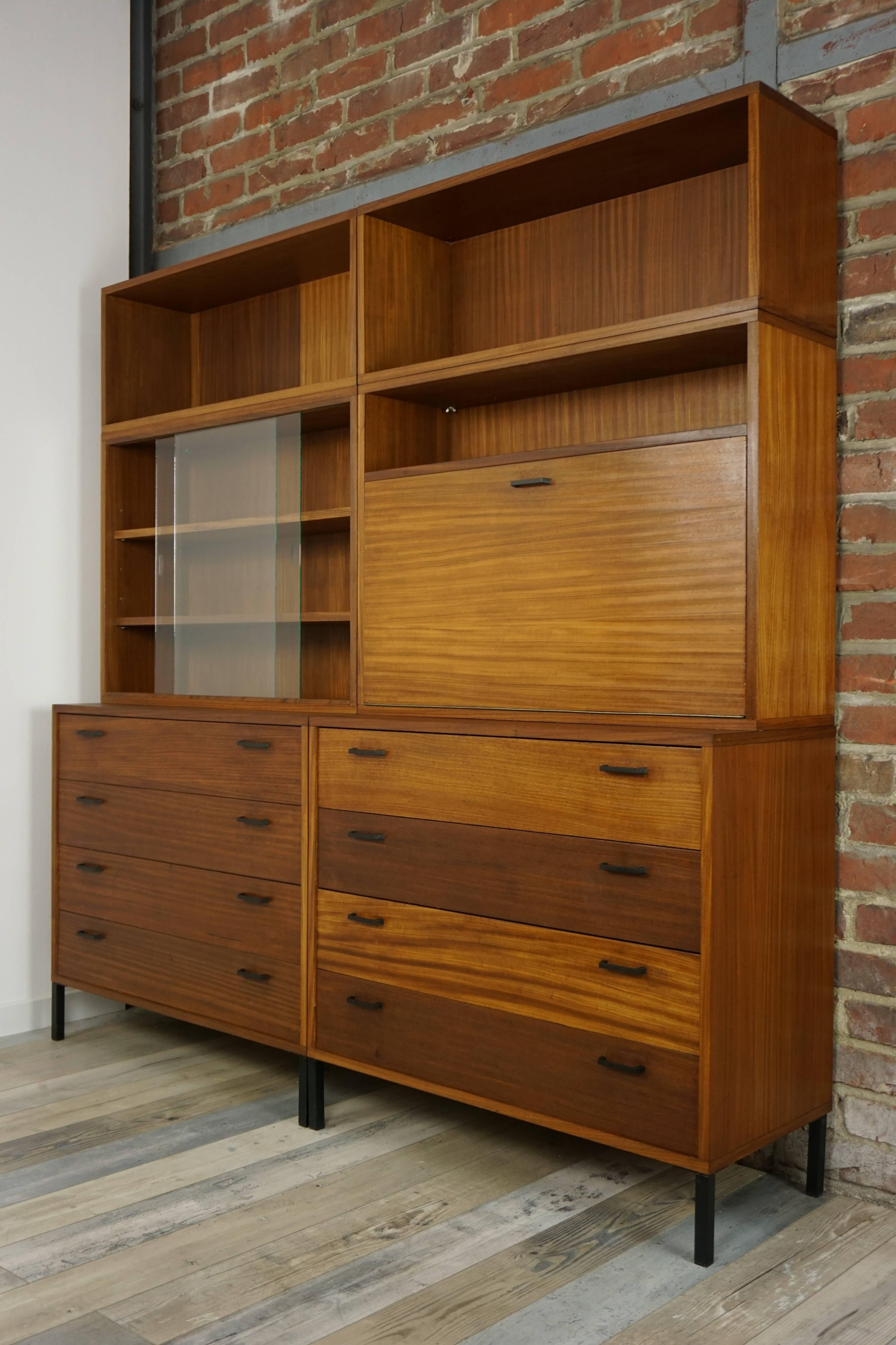 Mid-Century Modern Wooden Teak Metal and Glass Modular Wall Unit From the 1950s