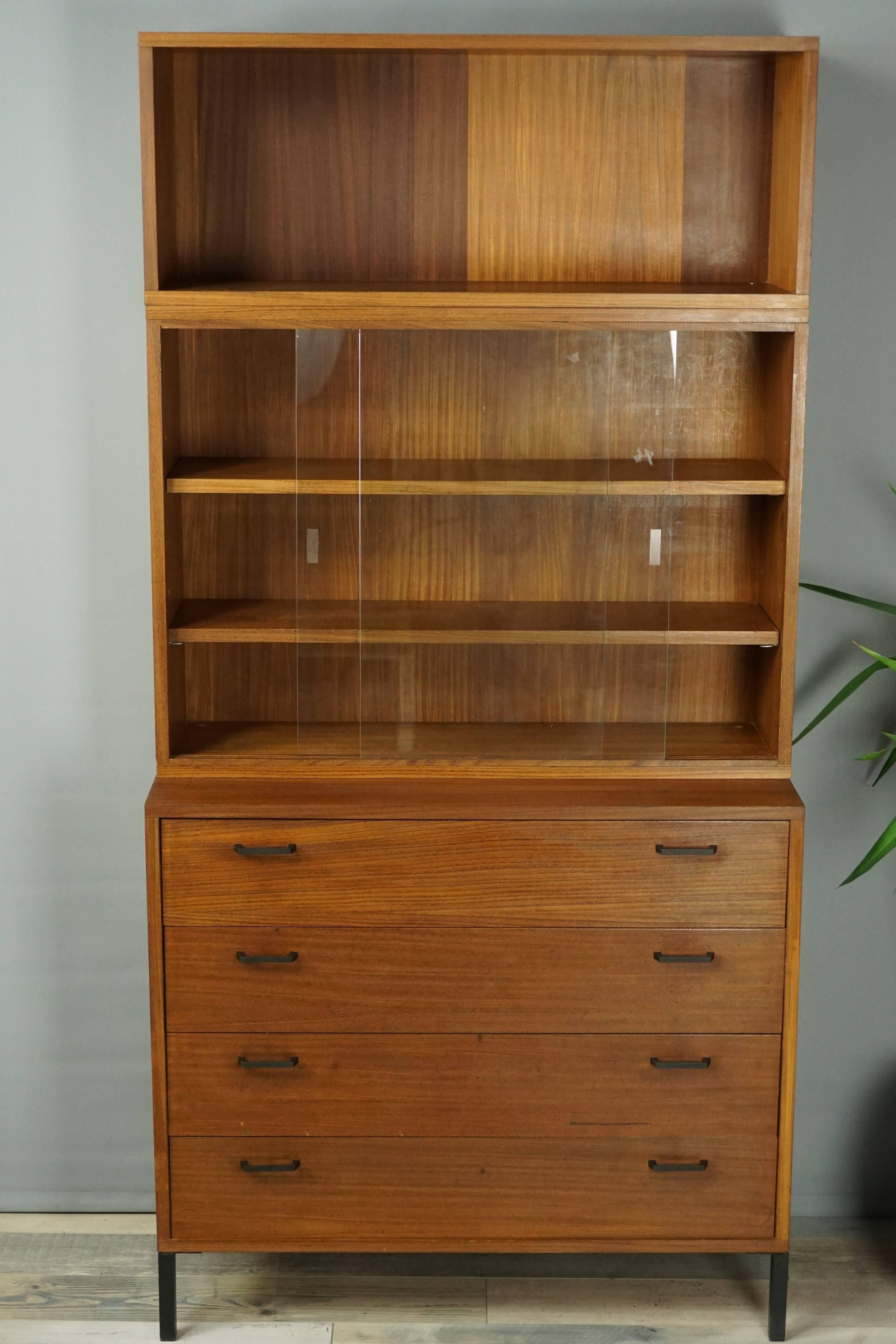 Belgian Wooden Teak Metal and Glass Modular Wall Unit From the 1950s