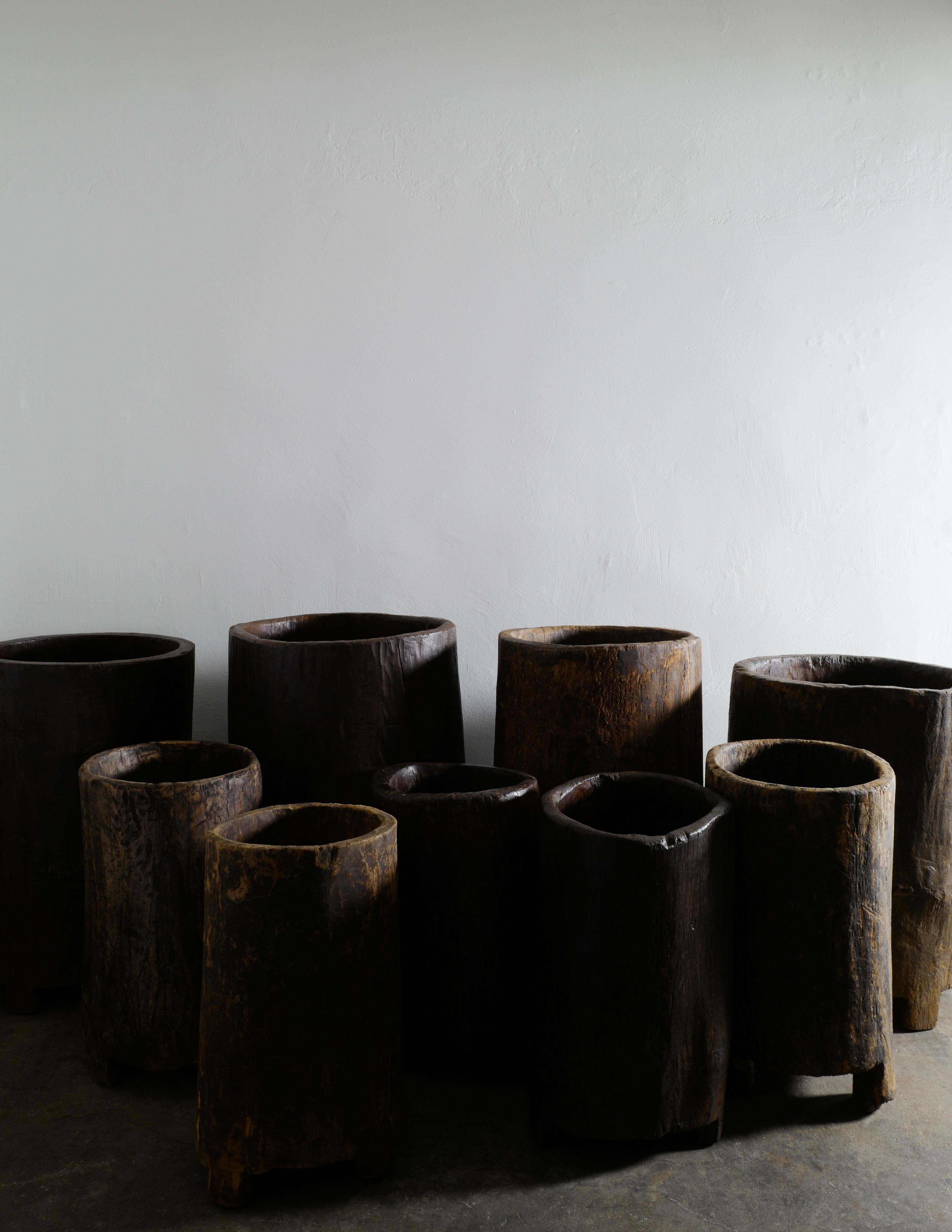 20th Century Wooden Teak Naga Pot Barrel Planter in a Wabi Sabi Style, India