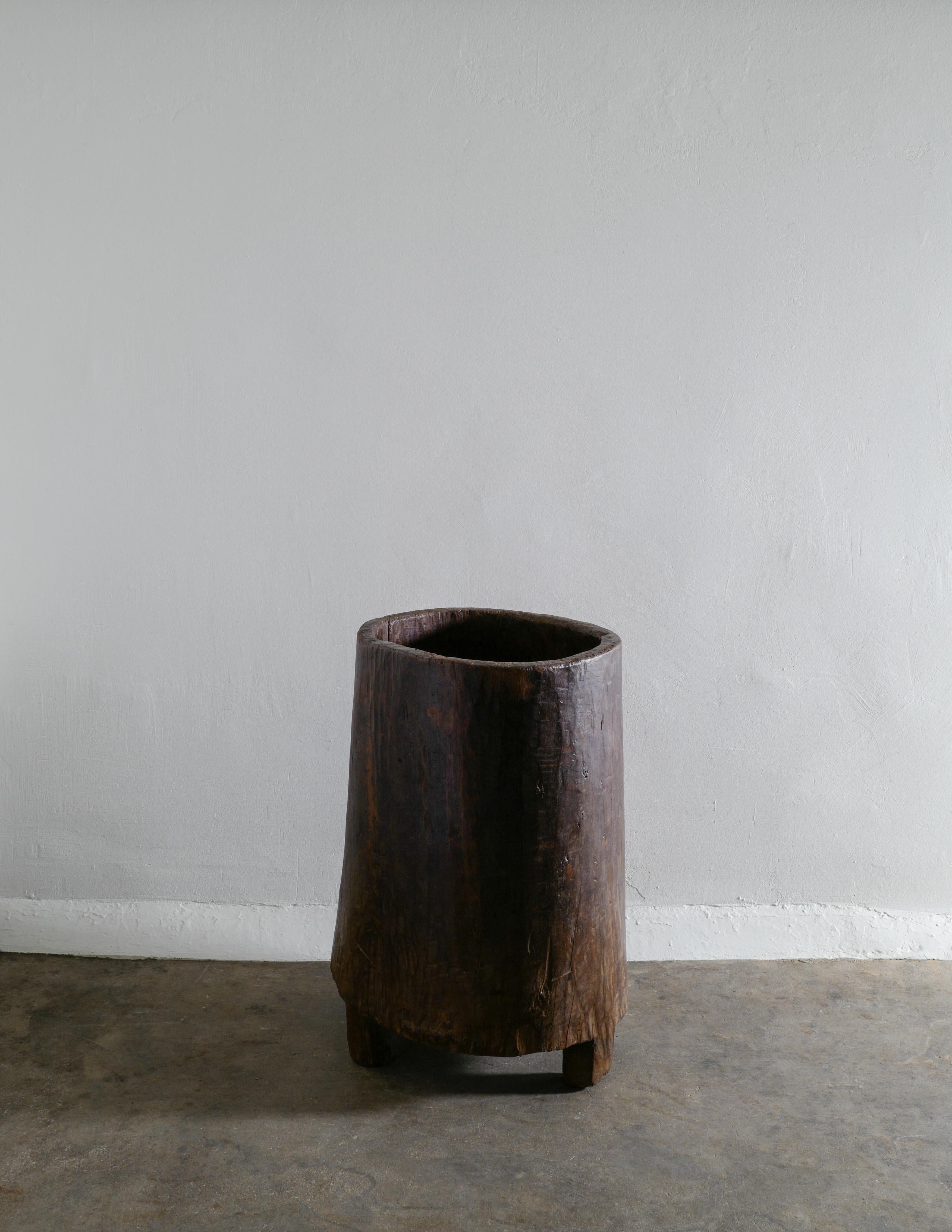 Folk Art Wooden Teak Naga Pot Barrel Planter in a Wabi Sabi Style, India