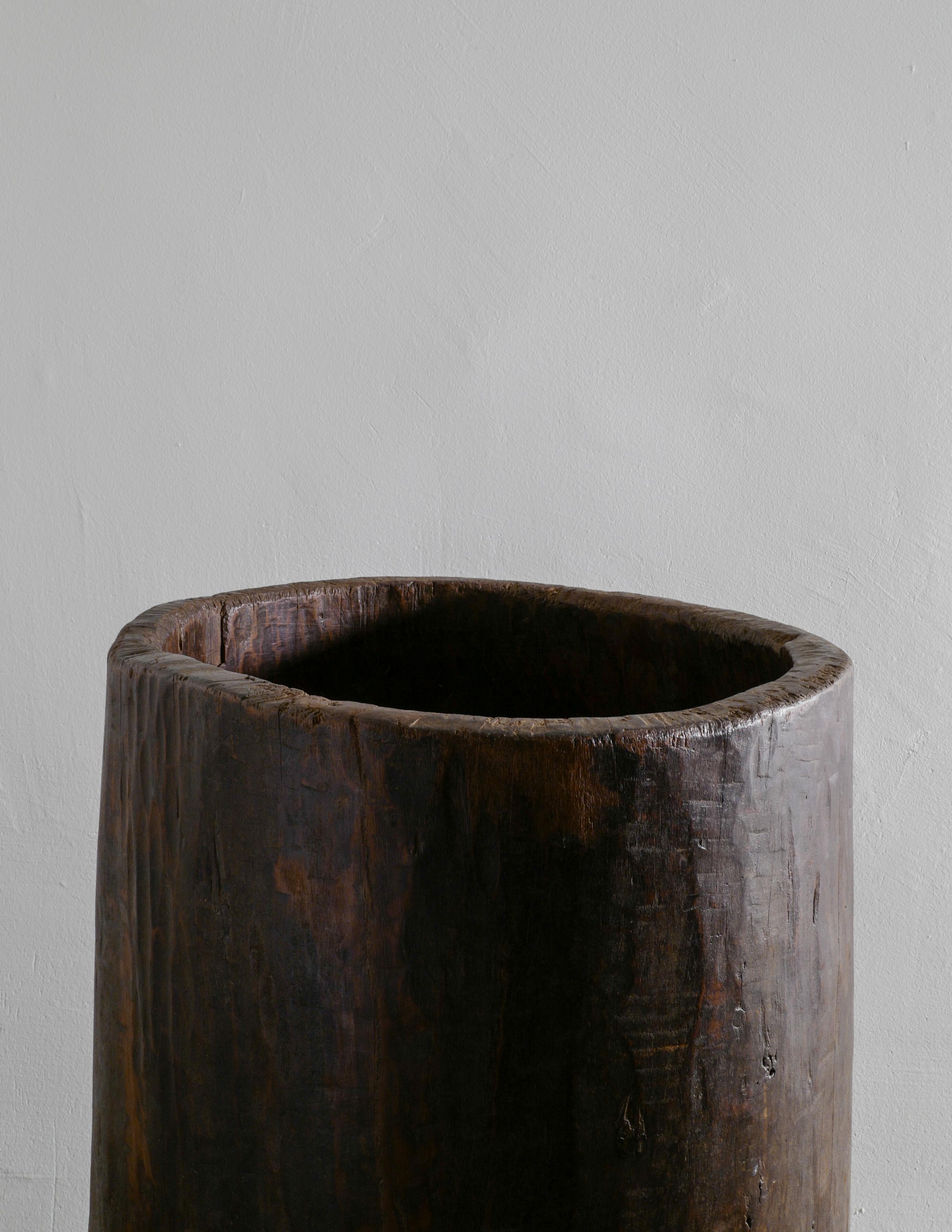 Indian Wooden Teak Naga Pot Barrel Planter in a Wabi Sabi Style, India