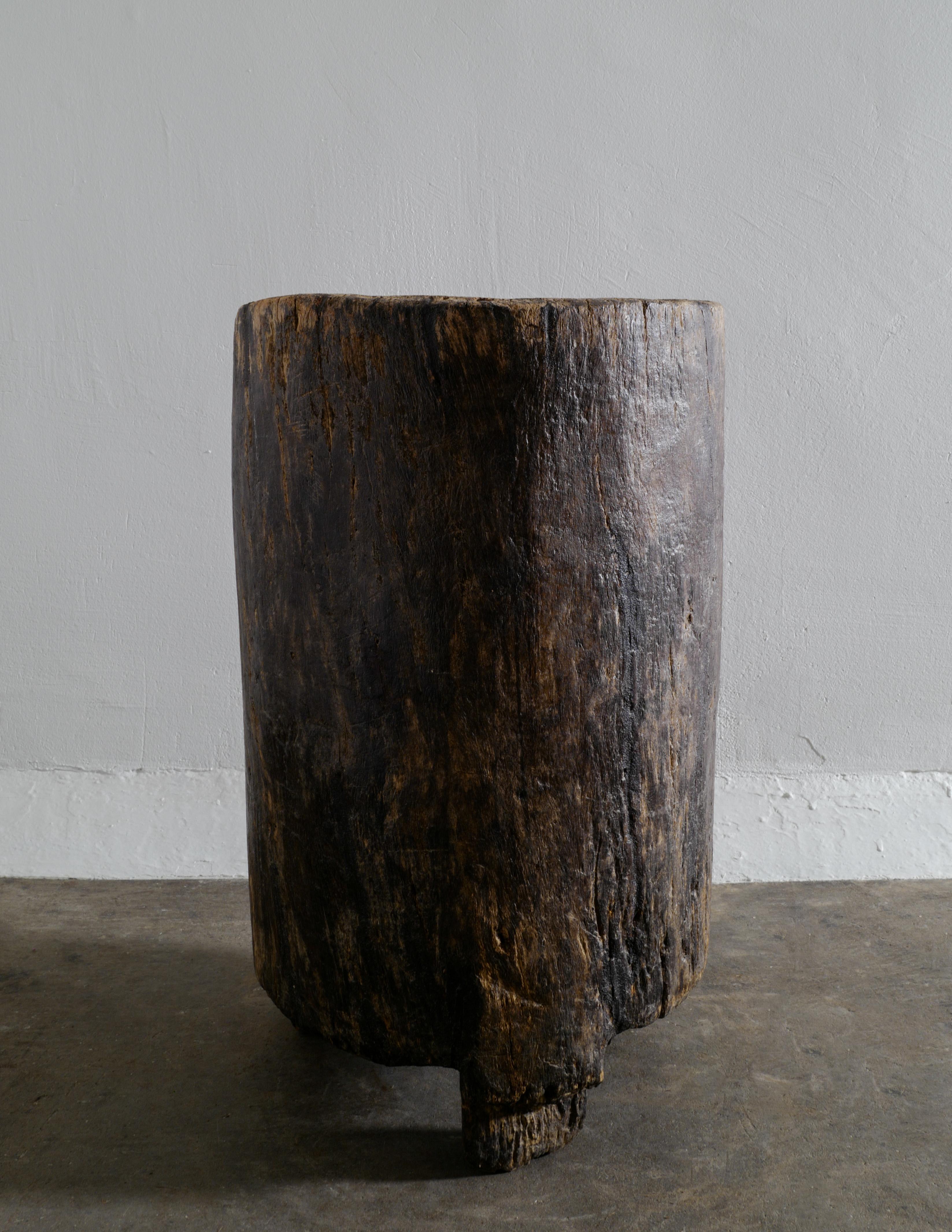20th Century Wooden Teak Primitive Naga Pot Barrel Planter in a Wabi Sabi Style, India
