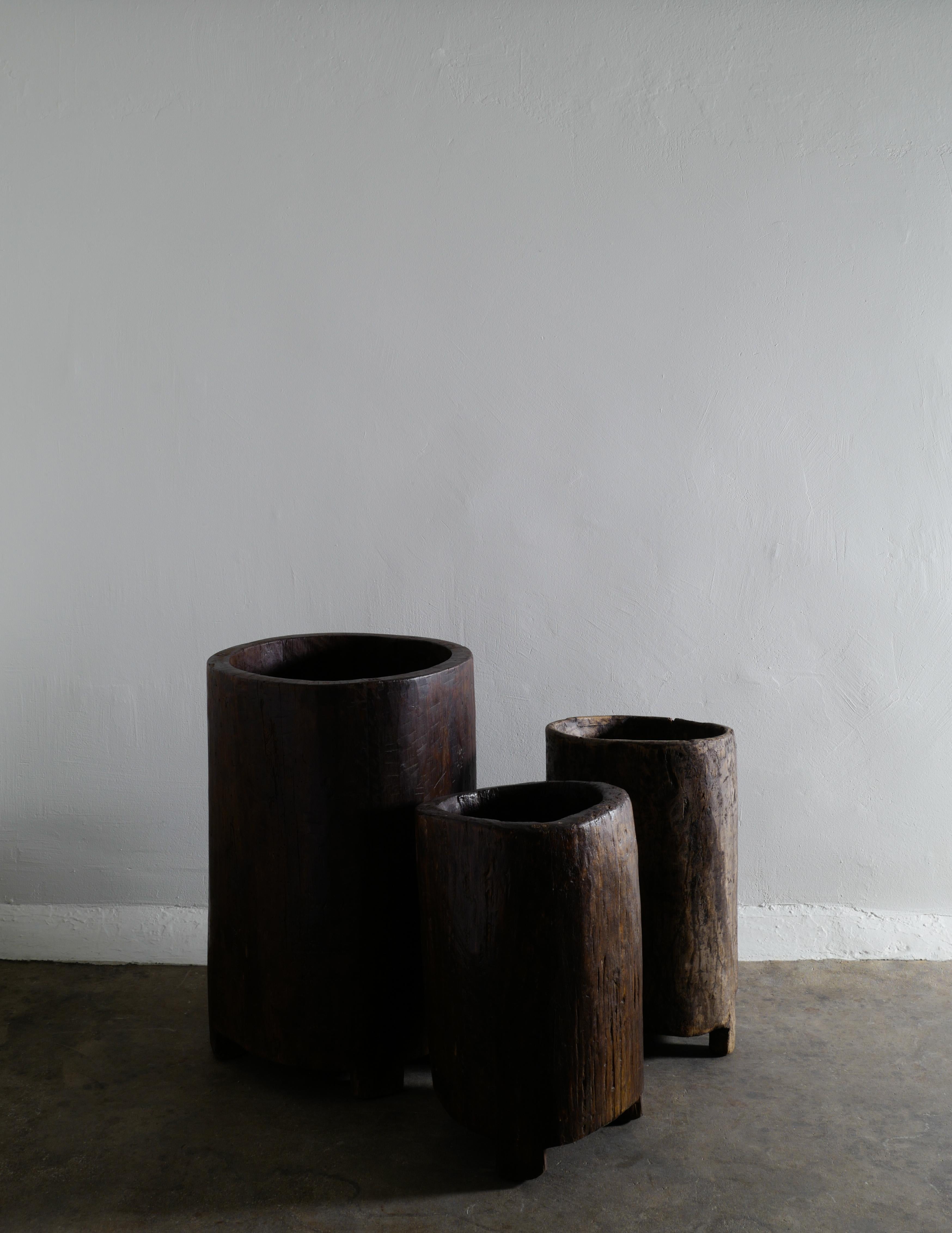Hand-Carved Wooden Teak Naga Pot Barrel Planter in a Wabi Sabi Style, India