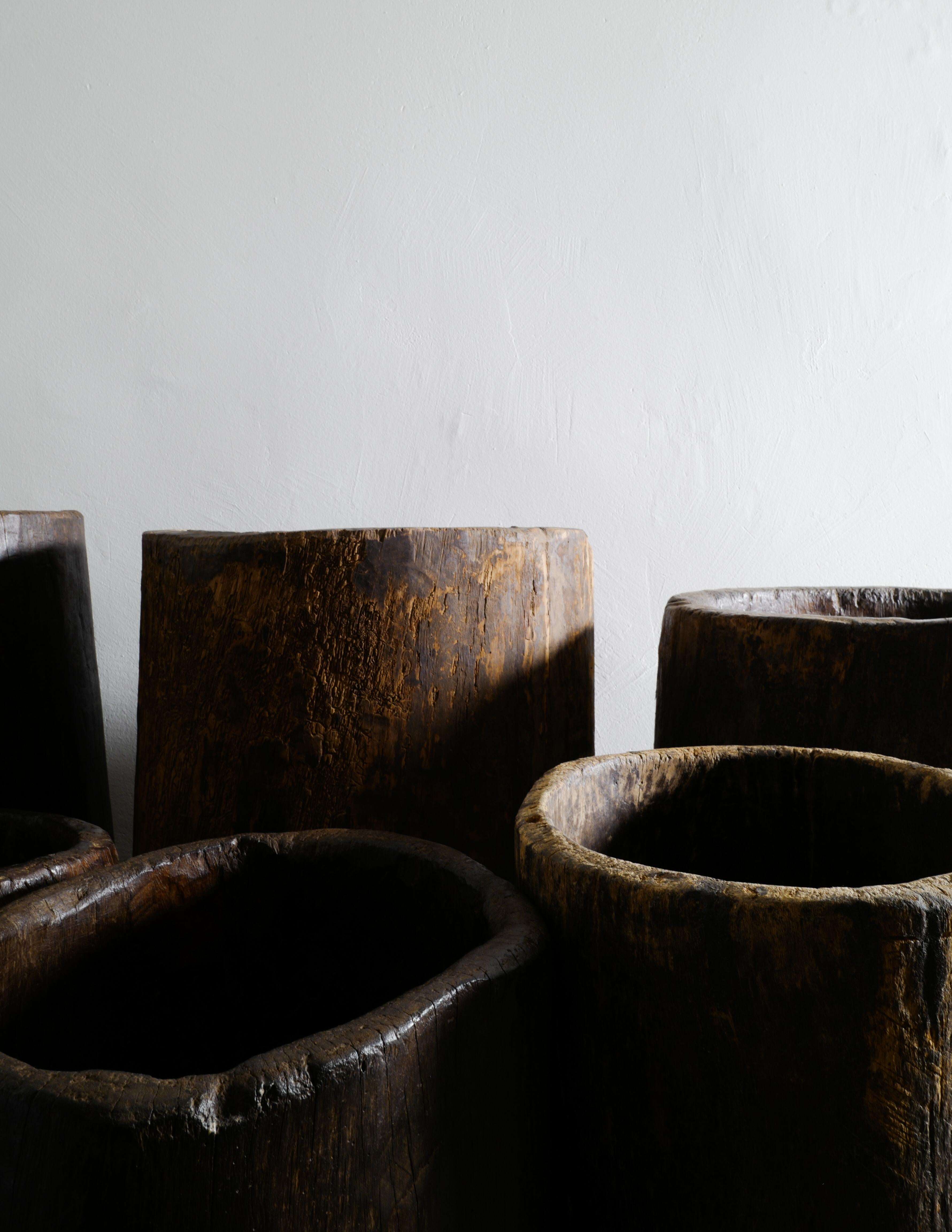 Wooden Teak Naga Pot Barrel Planter in a Wabi Sabi Style, India In Good Condition In Stockholm, SE