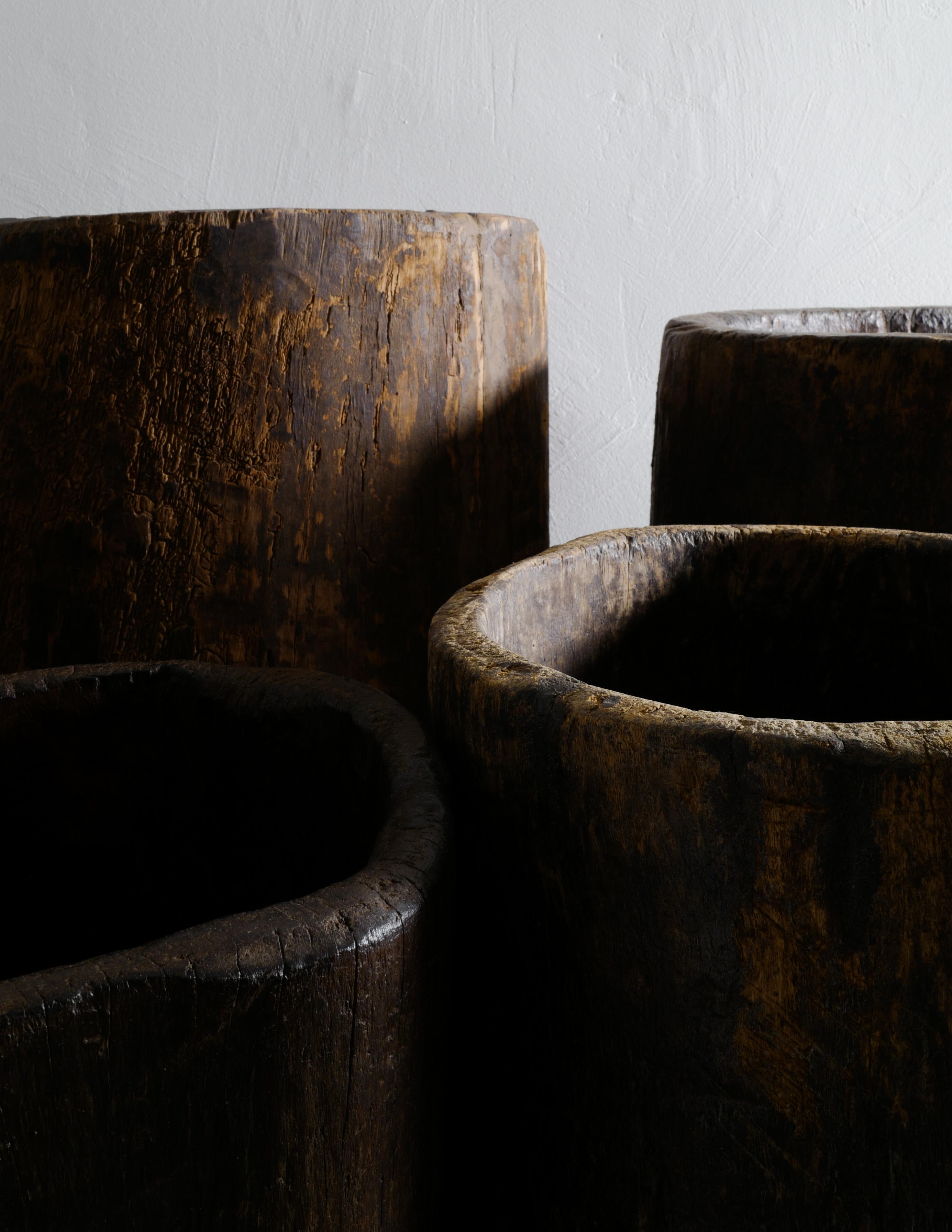 Wooden Teak Naga Pot Barrel Planter in a Wabi Sabi Style, India 1