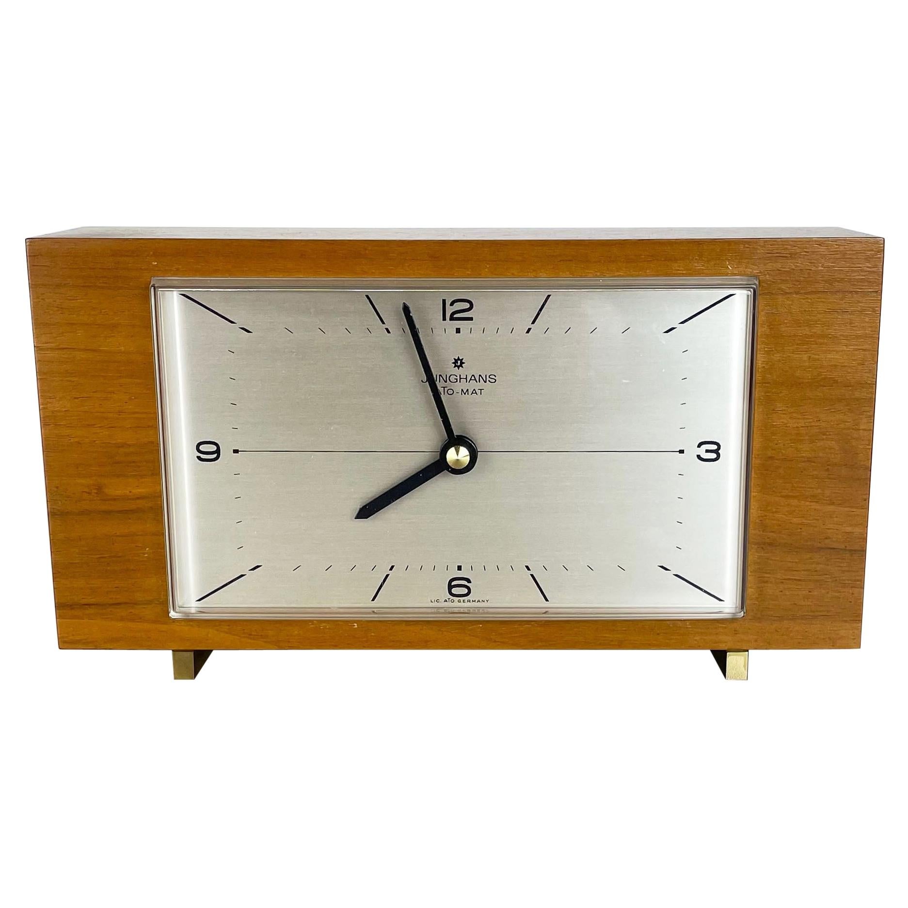 Wooden Teak Table Clock Max Bill Style Junghans Electronic, Germany, 1960s