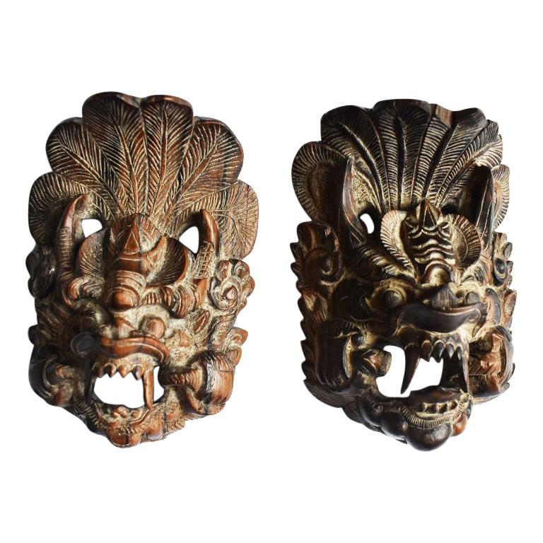Wooden Thai Dragon Wall Hangings with Decorative Carving, a Pair