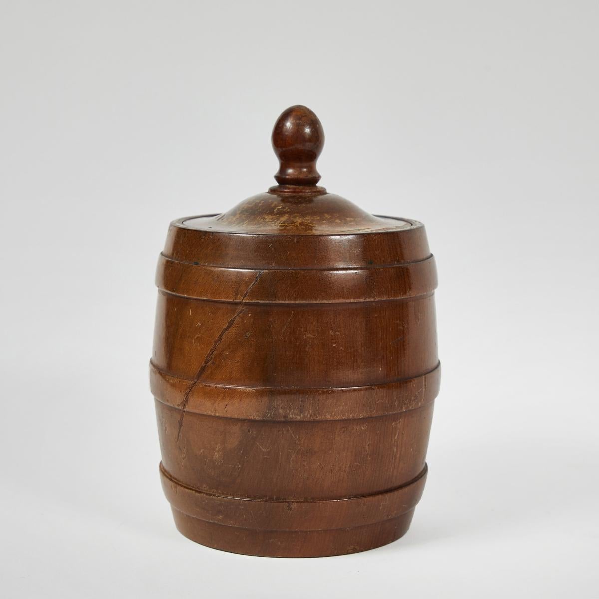 Wooden tobacco jar from 1920s Belgium.