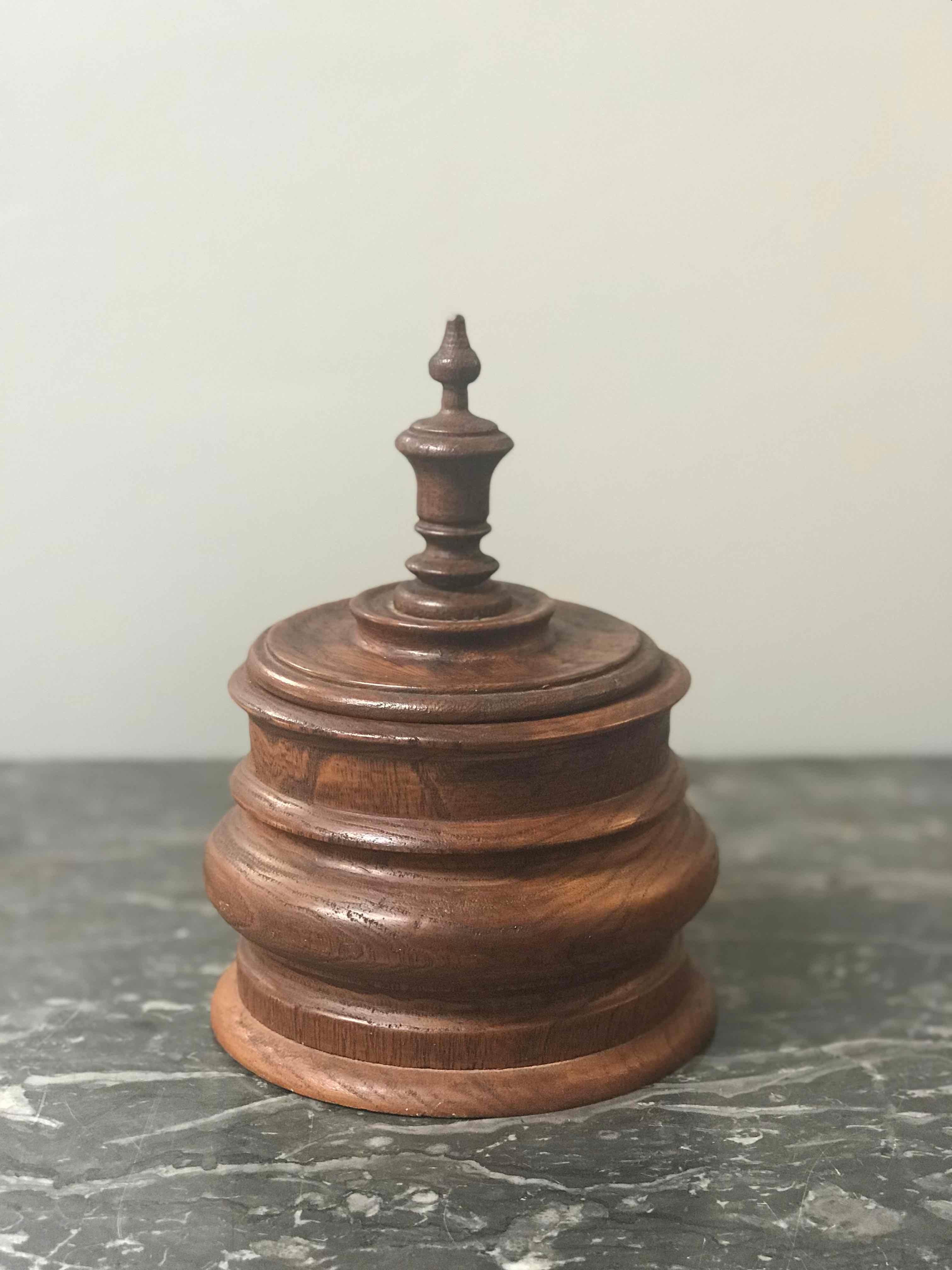 Wooden tobacco jar from 1920s Belgium. 