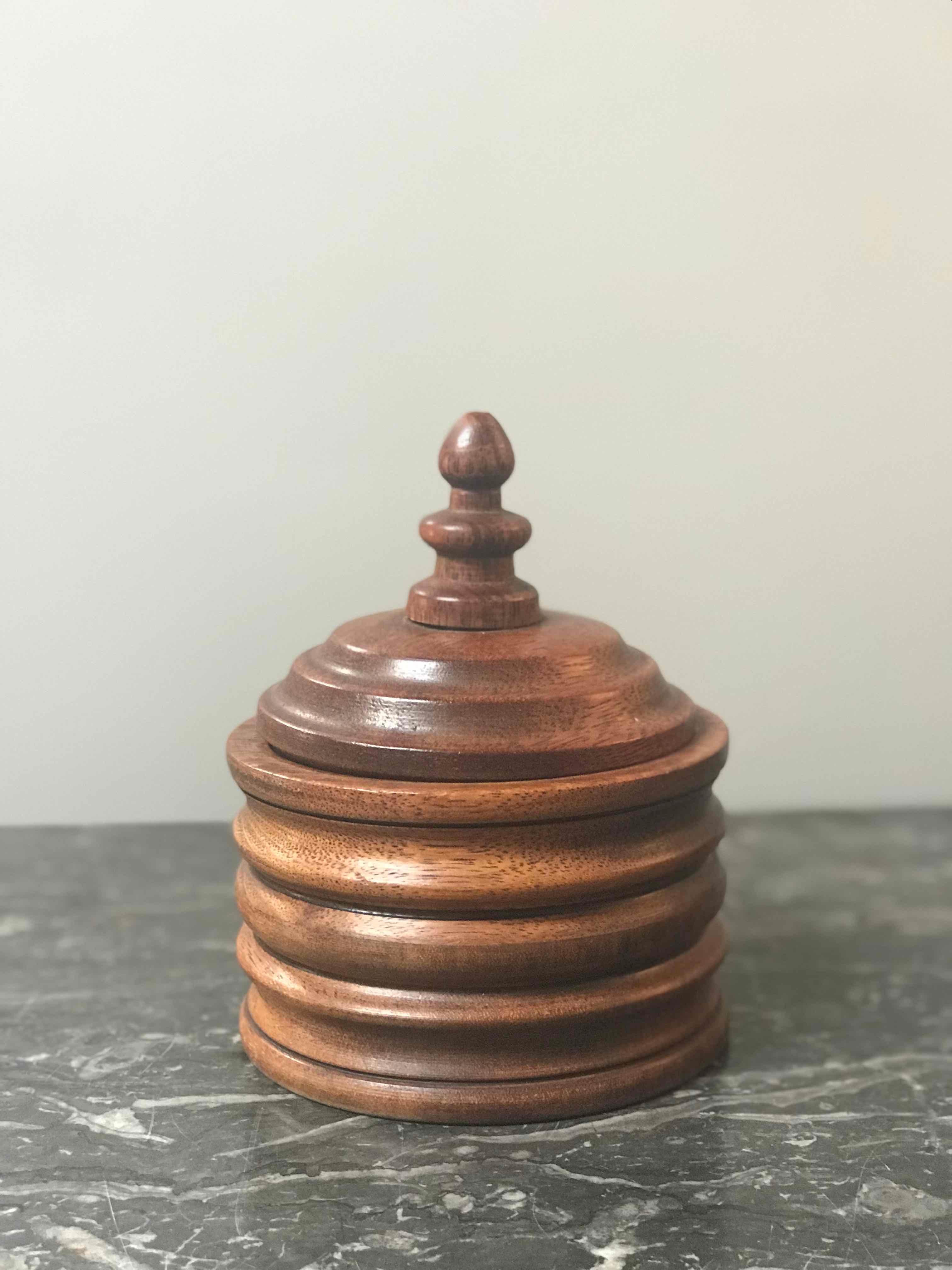 Wooden tobacco jar from 1920s Belgium. 