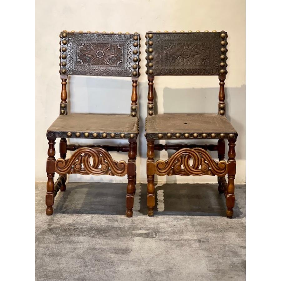 Wooden Tooled Leather Chairs, c1800, FR-0055 In Distressed Condition For Sale In Scottsdale, AZ