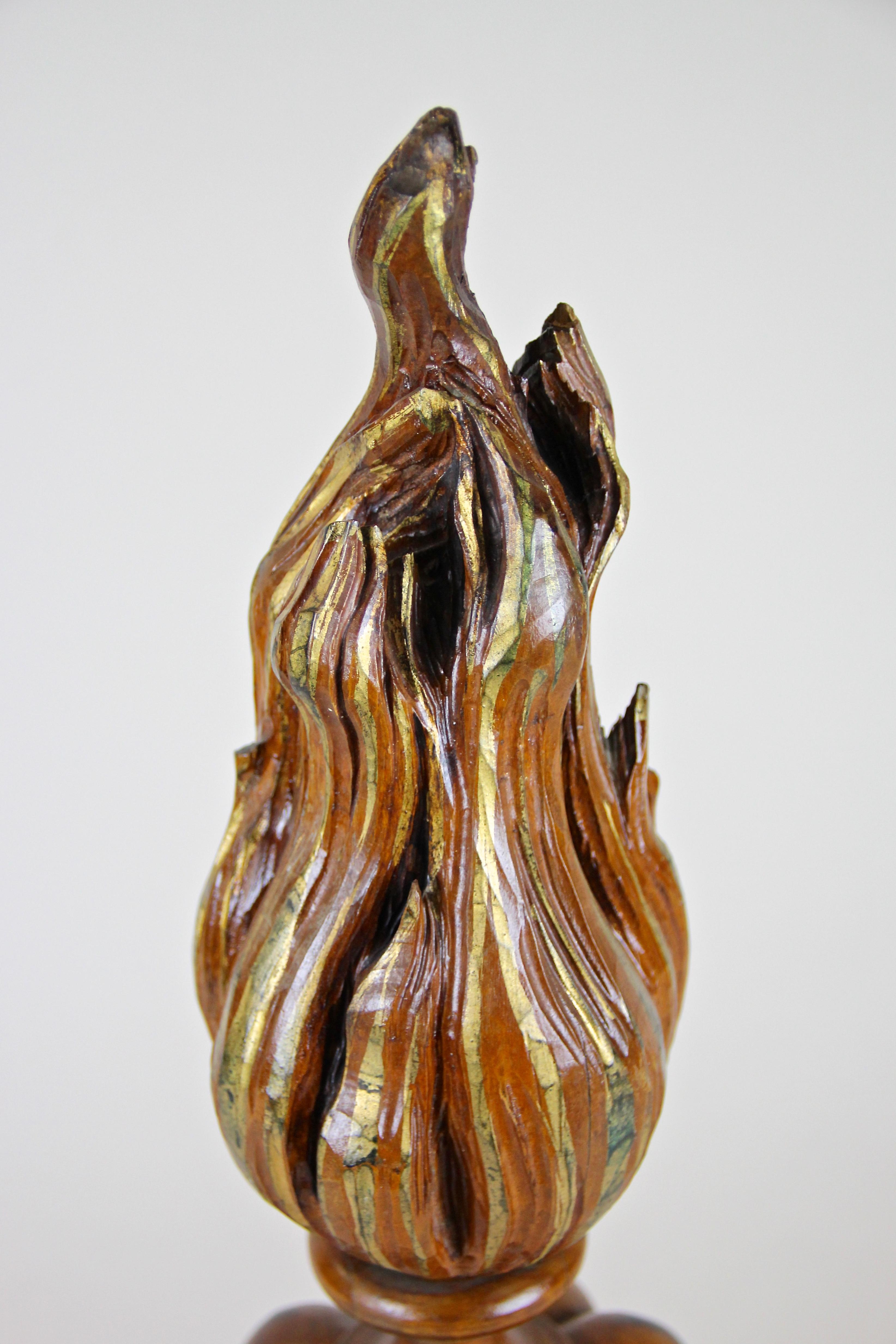 Iron Wooden Torch Sculpture with Flame Hand Carved, Austria, circa 1880