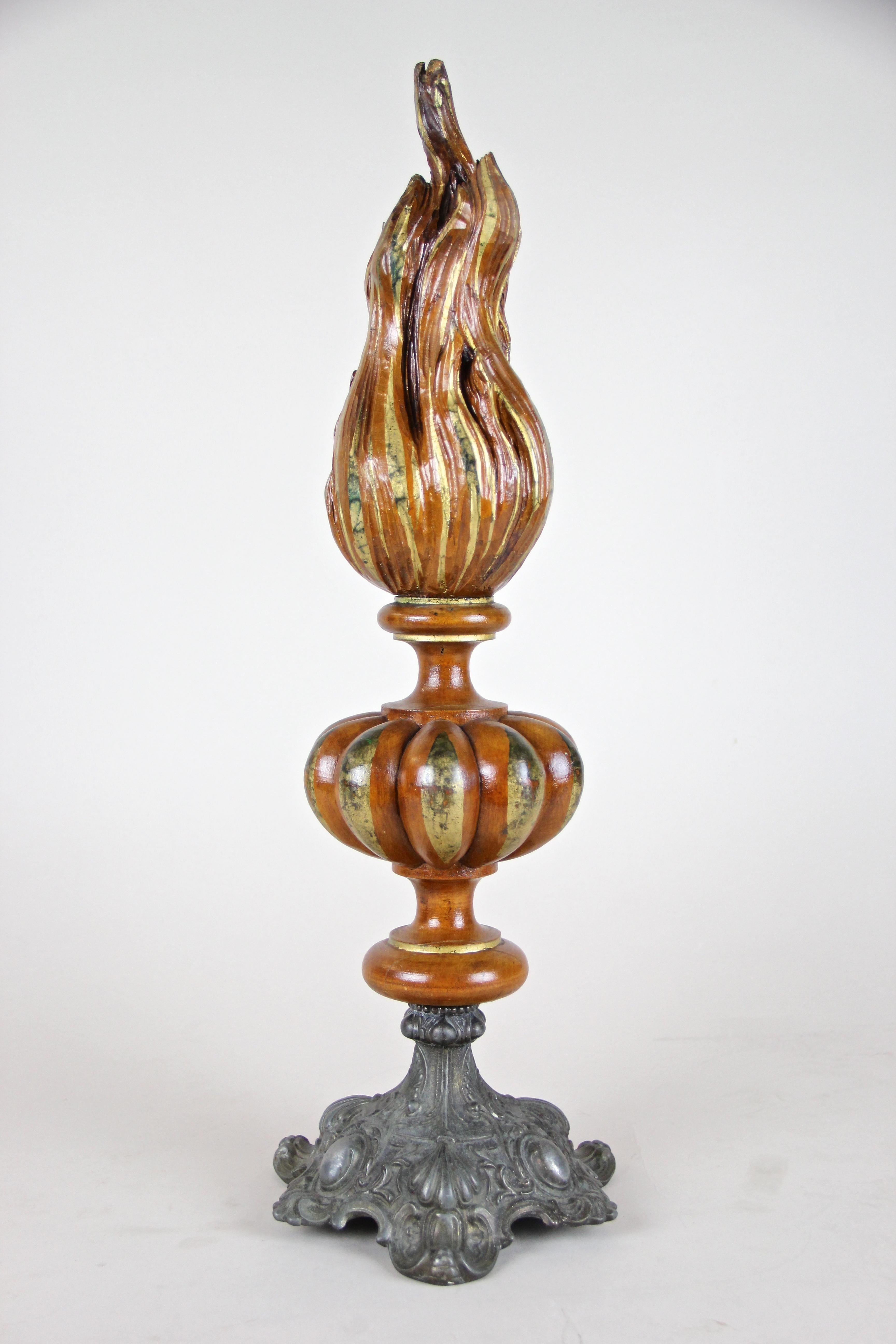 Wooden Torch Sculpture with Flame Hand Carved, Austria, circa 1880 3
