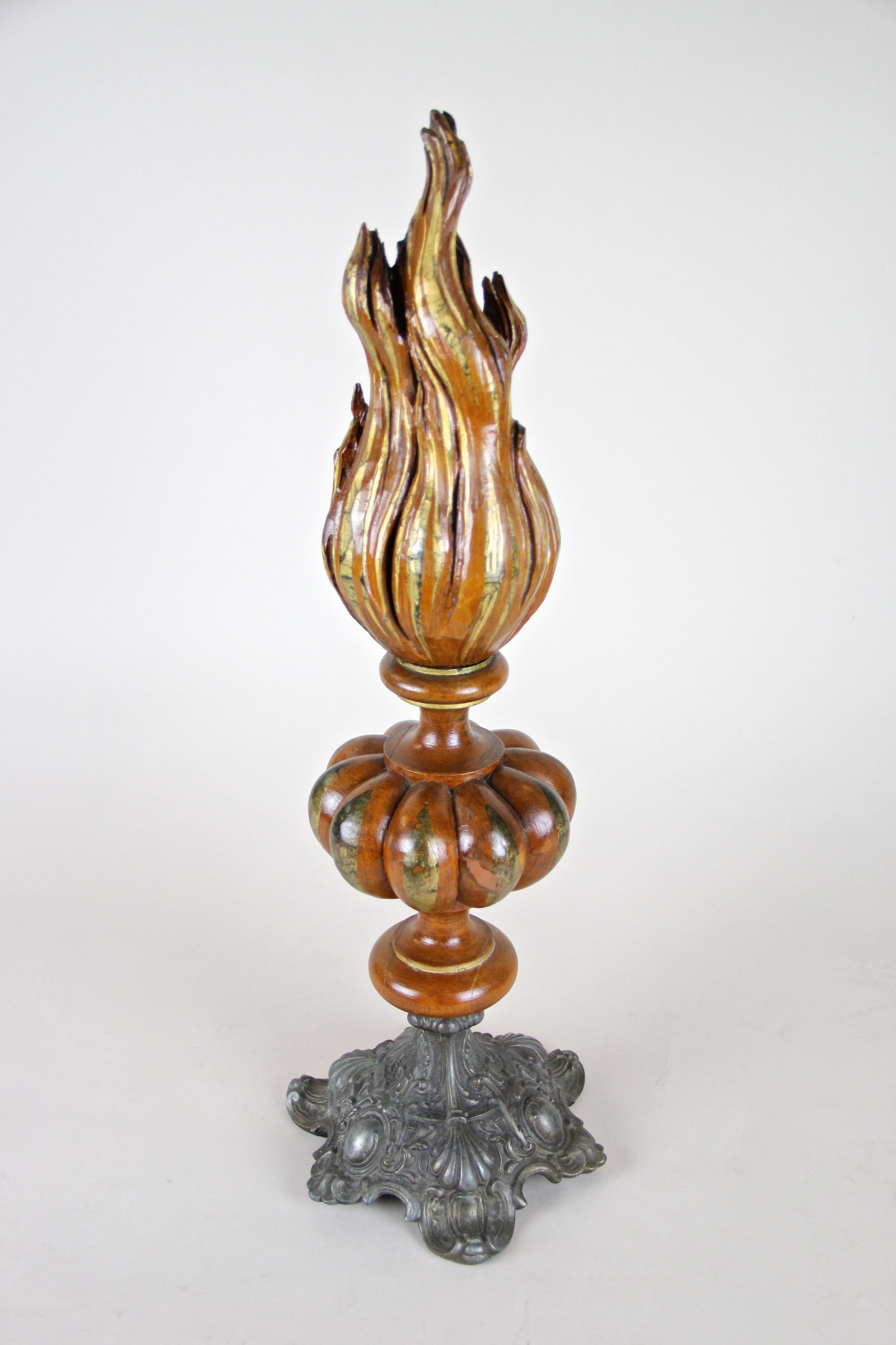 Wooden Torch Sculpture with Flame Hand Carved, Austria, circa 1880 For Sale 5