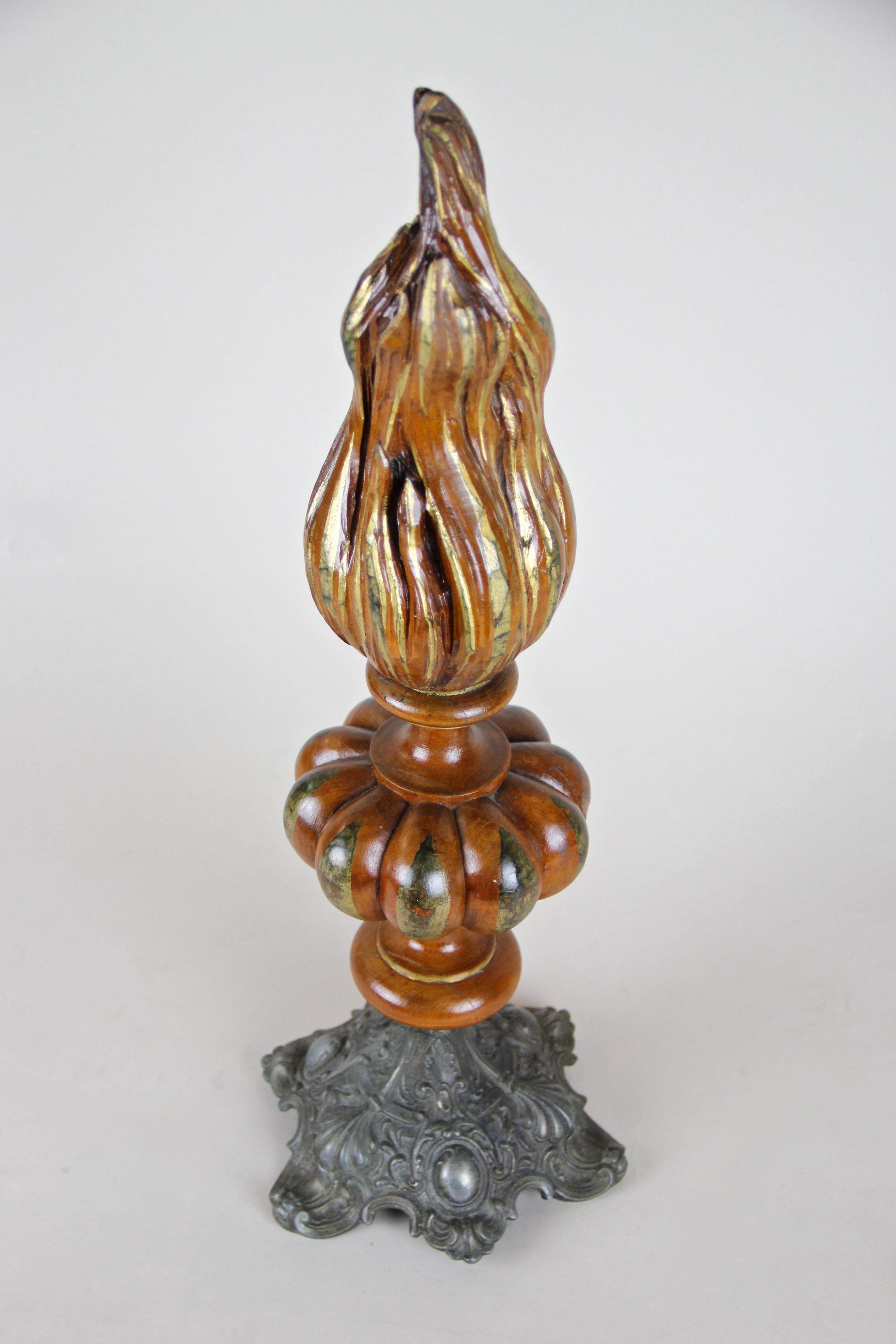 Hand-Carved Wooden Torch Sculpture with Flame Hand Carved, Austria, circa 1880 For Sale
