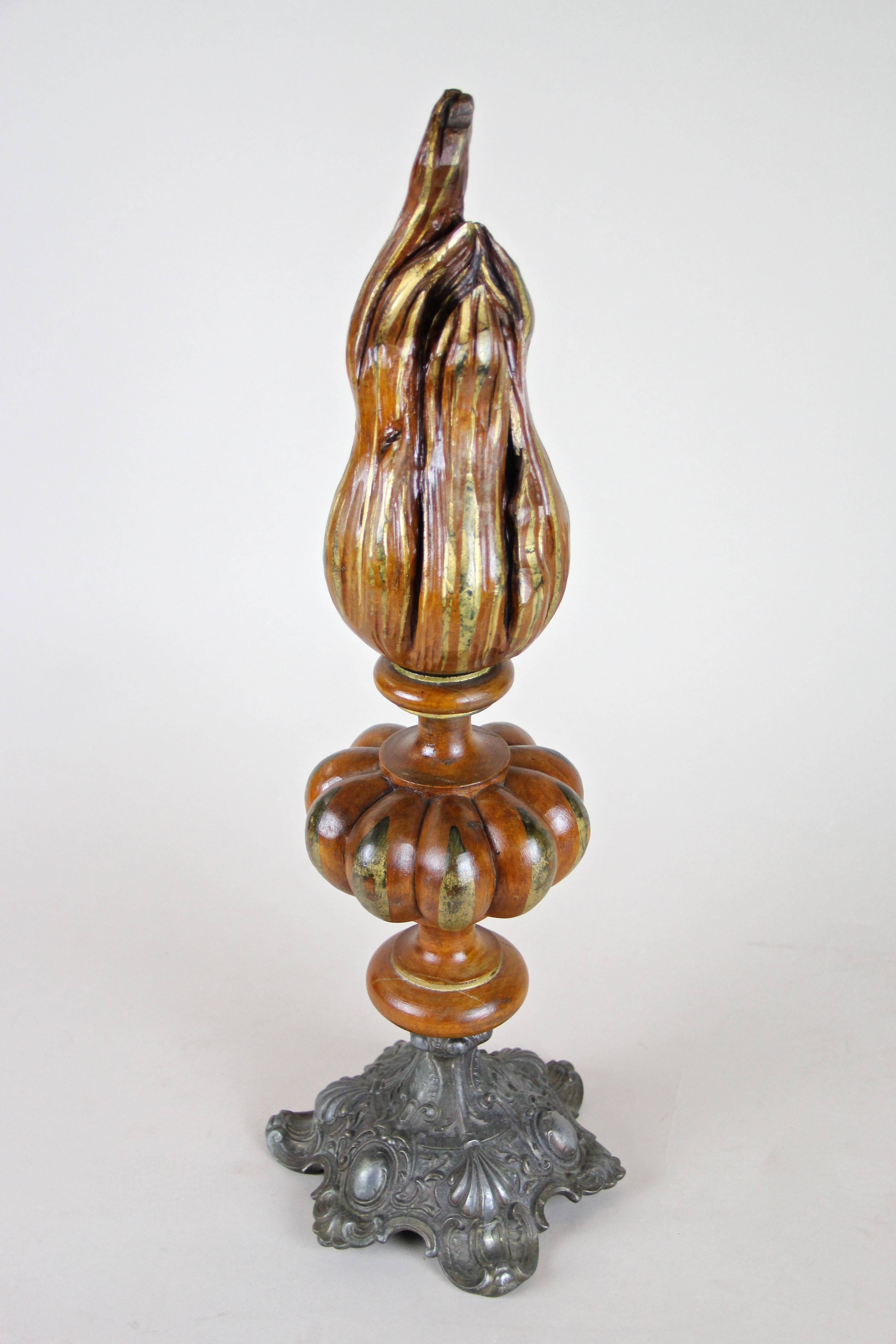 19th Century Wooden Torch Sculpture with Flame Hand Carved, Austria, circa 1880 For Sale