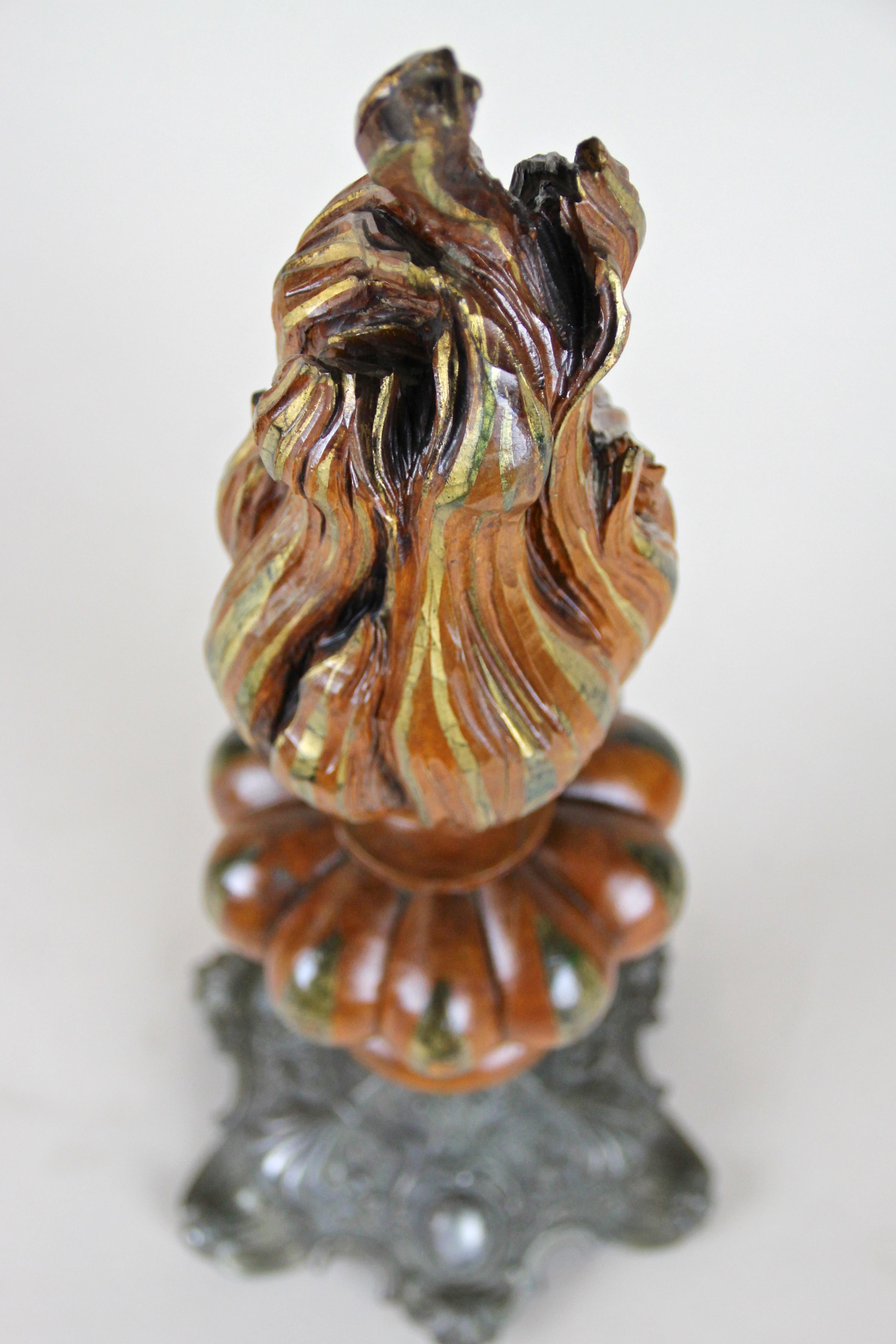 Iron Wooden Torch Sculpture with Flame Hand Carved, Austria, circa 1880 For Sale