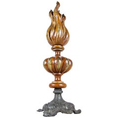 Antique Wooden Torch Sculpture with Flame Hand Carved, Austria, circa 1880