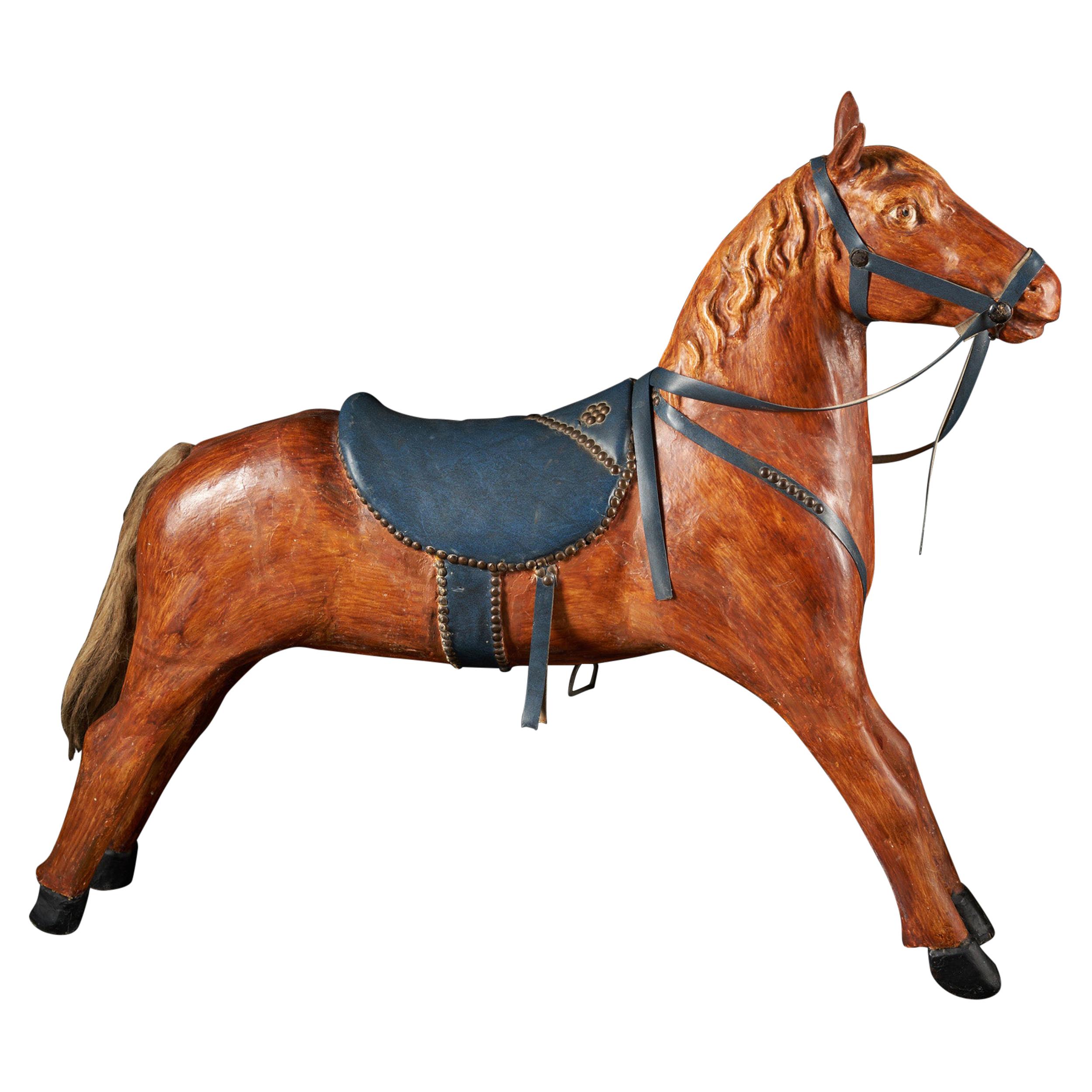 Wooden Toy Platform Horse with Tail in Real Hair, Painted Wood and Saddle