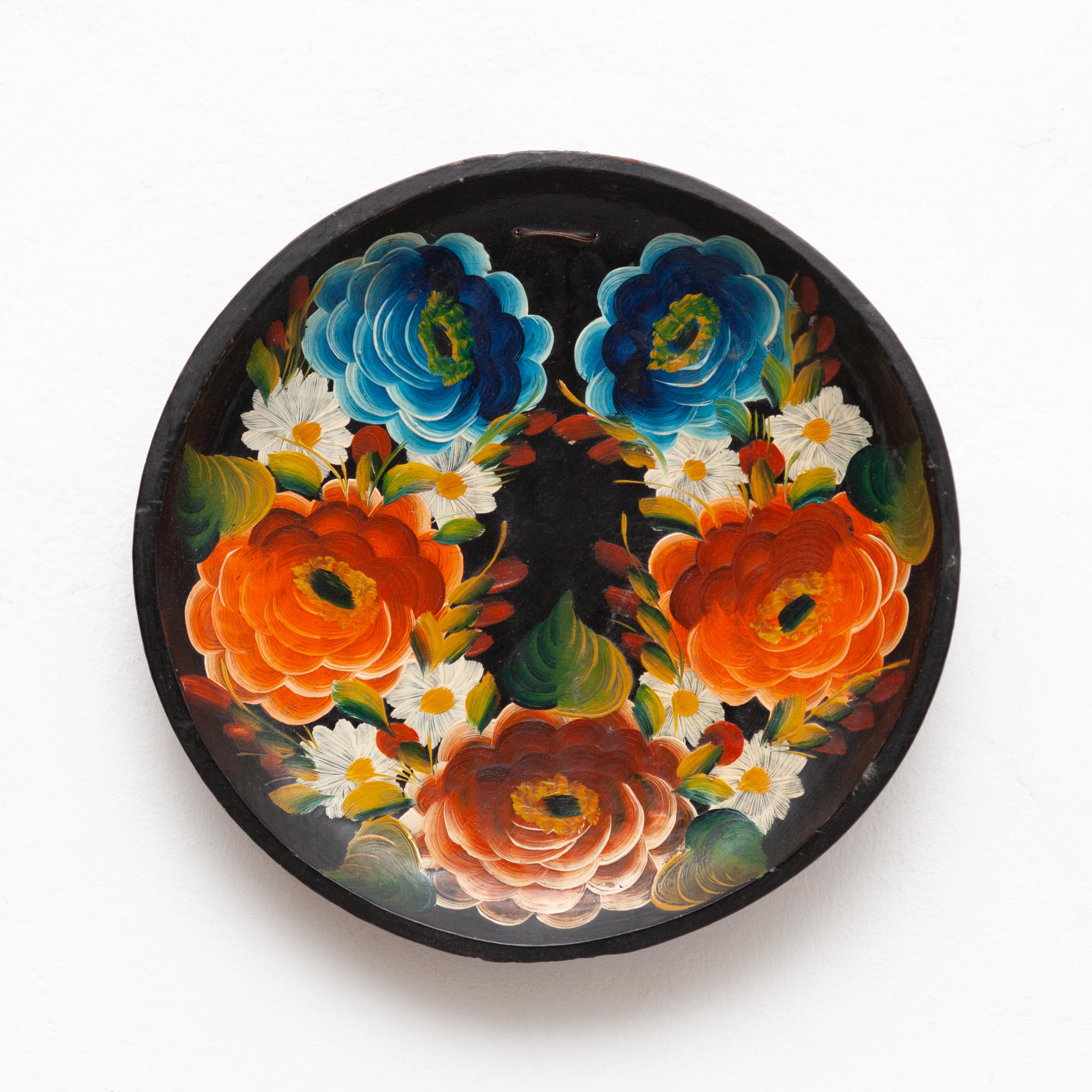 Mid-Century Modern Wooden Traditional Hand Painted Plate, circa 1960