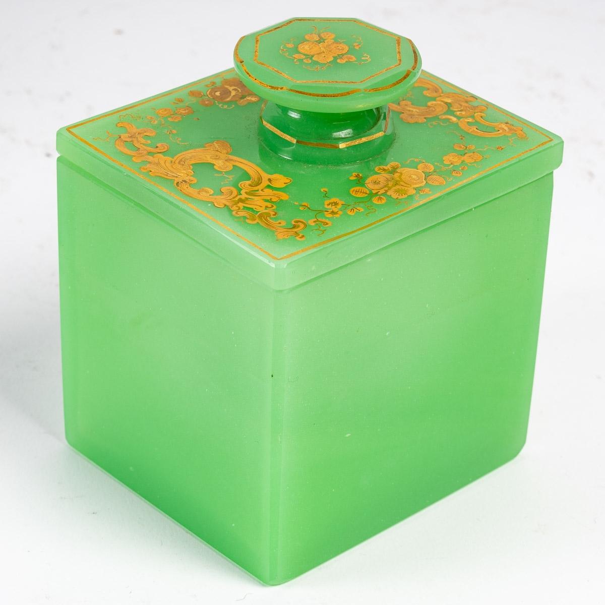 Opaline Glass Wooden Travel Box with Green Opaline Bottles, 19th Century For Sale