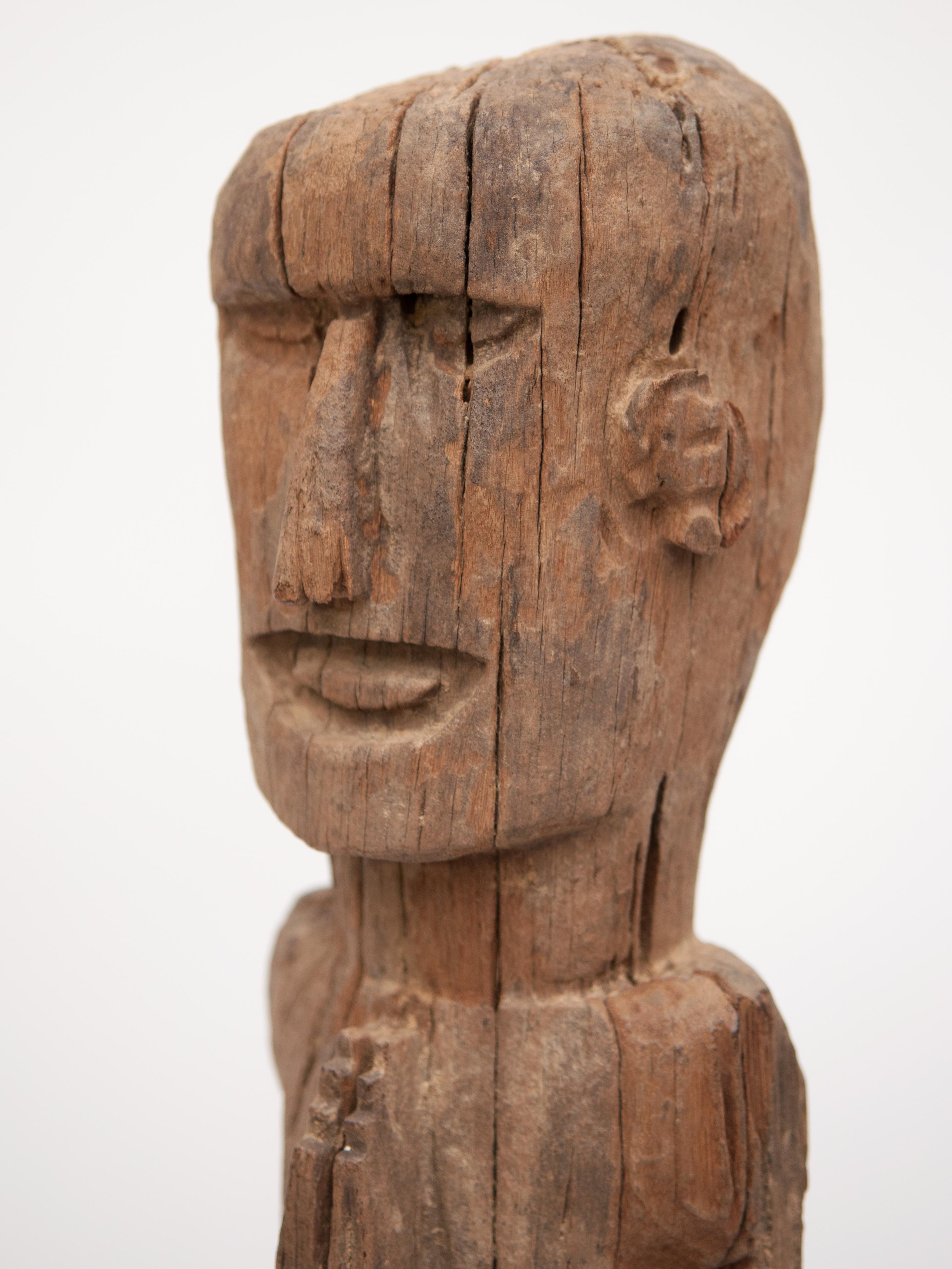 Wooden Tribal Male Statue from West Nepal, Early to Mid-20th Century, Mounted In Good Condition In Point Richmond, CA