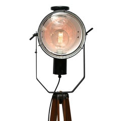 Wooden Tripod Black Enamel Industrial Spot Light Floor Lamp