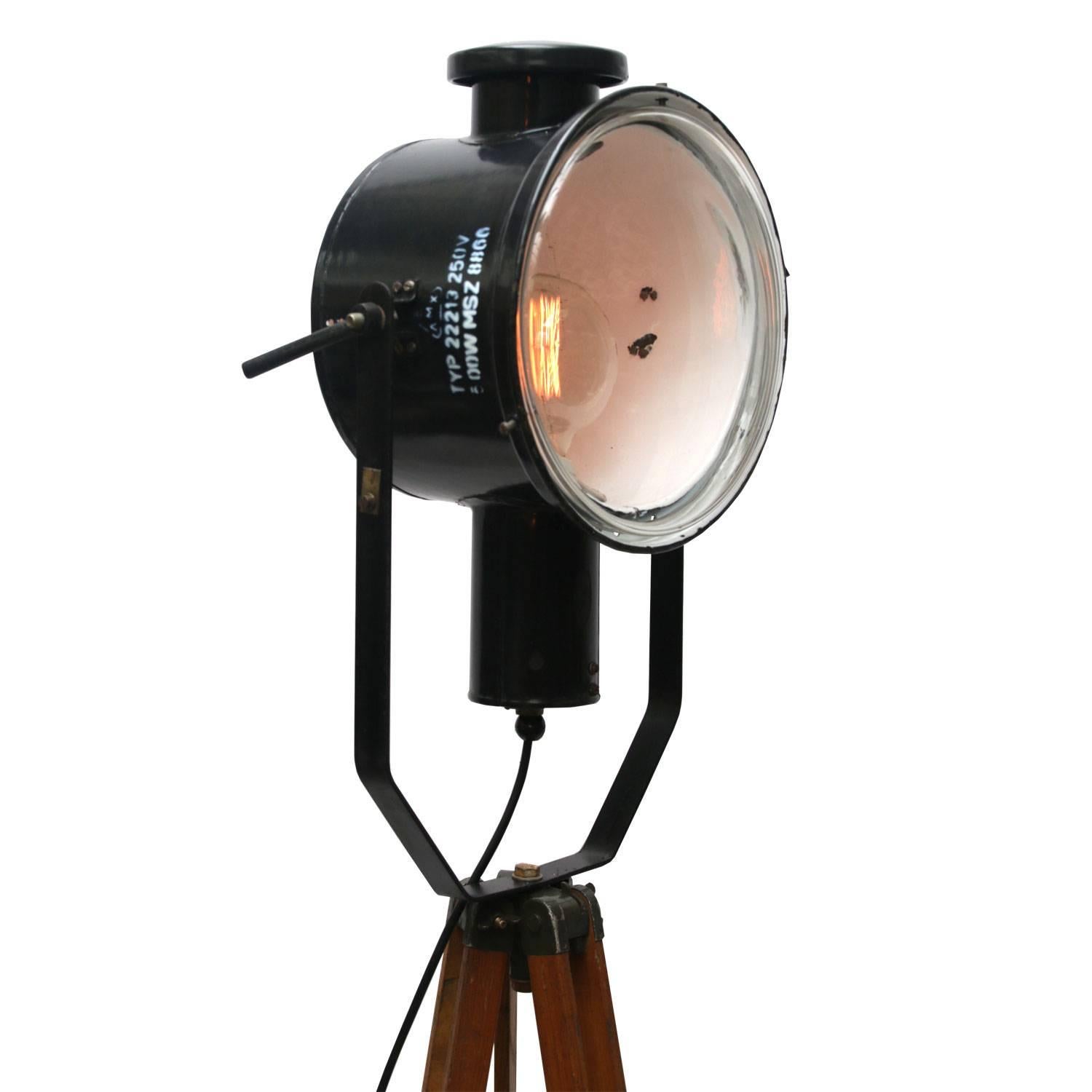 Hungarian Wooden Tripod Black Enamel Industrial Spot Light Floor Lamp For Sale