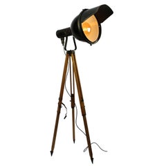 Wooden Tripod Black Enamel Vintage Industrial Spot Light Floor Lamp