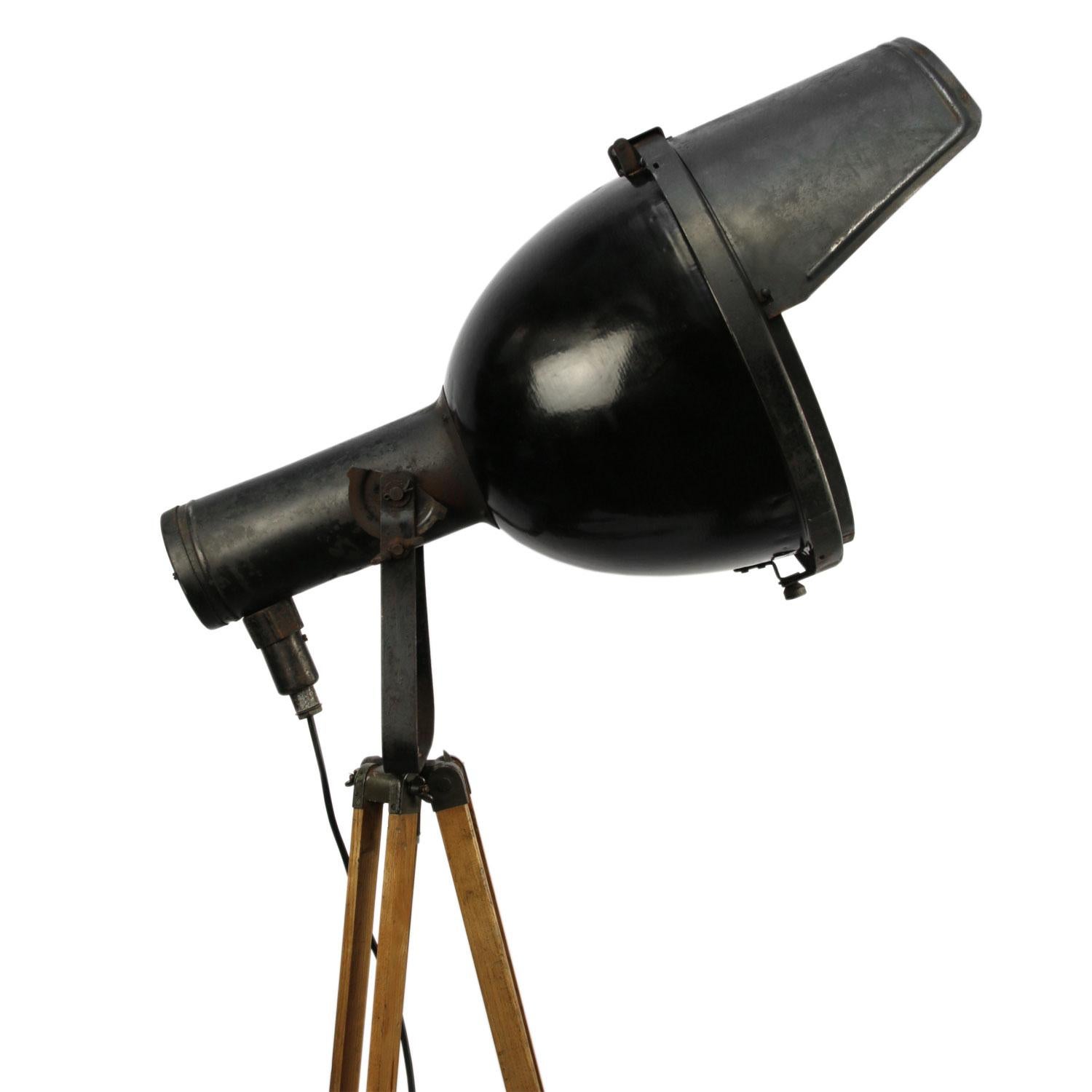 Czech Wooden Tripod Black Enamel Vintage Industrial Spot Light Floor Lamp