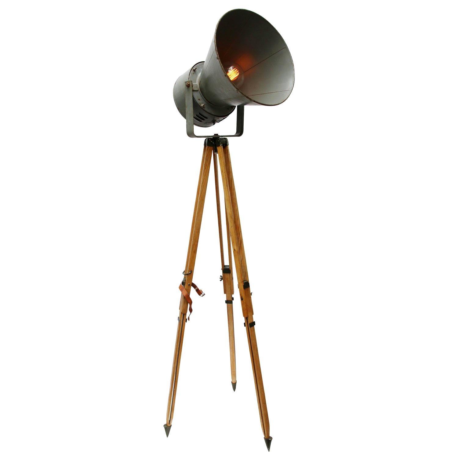 Wooden Tripod Brown Gray Vintage Industrial Spot Light Floor Lamp
