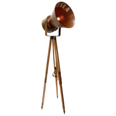 Wooden Tripod Brown Metal Vintage Industrial Spot Light Floor Lamp