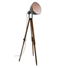 Wooden Tripod Gray Enamel Vintage Industrial Spot Light Floor Lamps