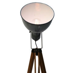 Wooden Tripod Gray Enamel Vintage Industrial Spot Light Floor Lamps