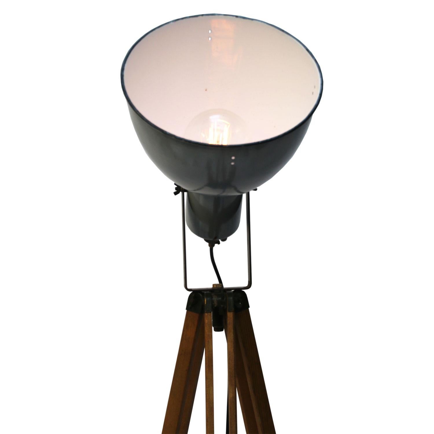 Czech Wooden Tripod Gray Enamel Vintage Industrial Spot Light Floor Lamps For Sale