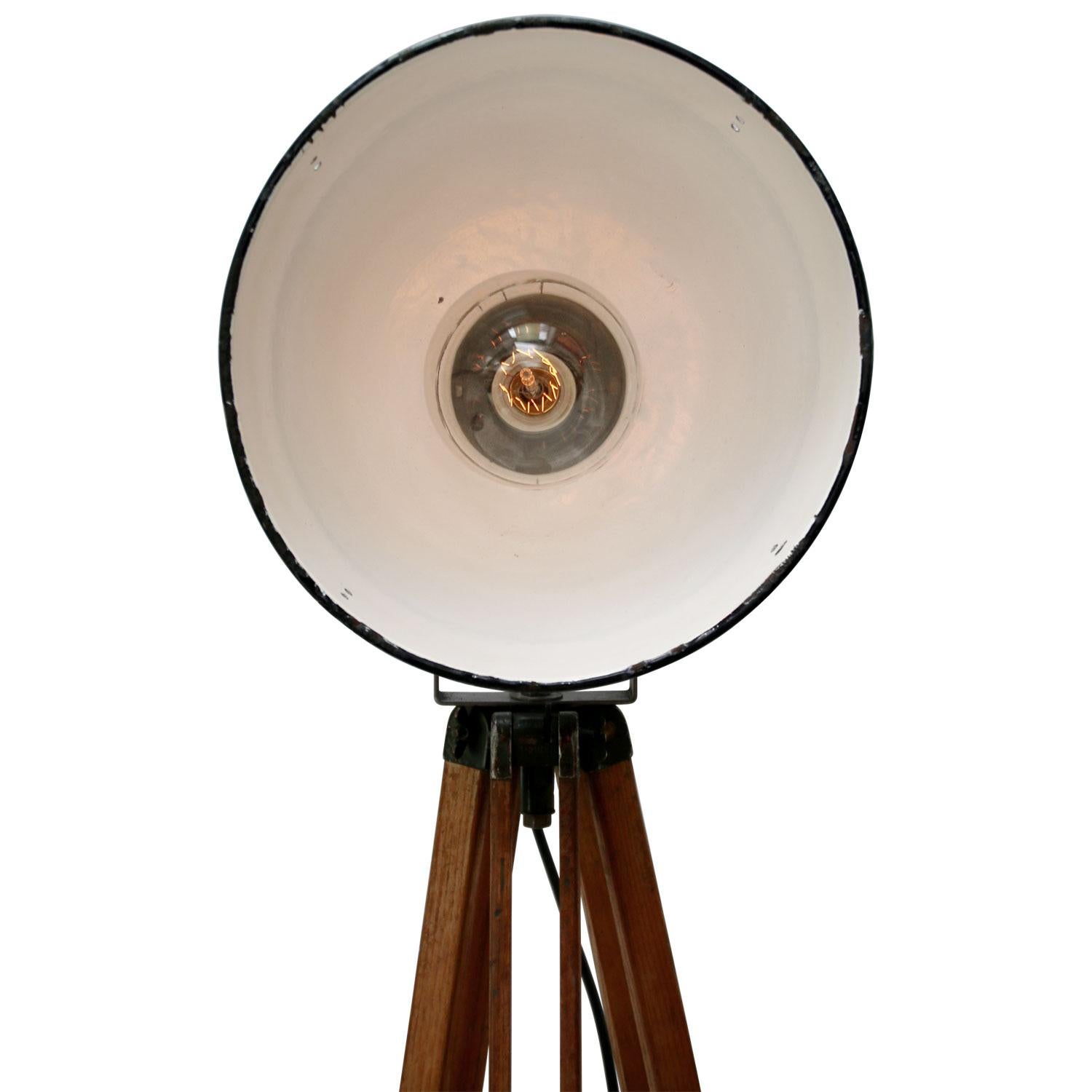 Czech Wooden Tripod Gray Enamel Vintage Industrial Spot Light Floor Lamp