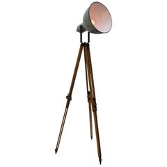 Wooden Tripod Gray Enamel Vintage Industrial Spot Light Floor Lamps