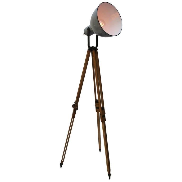 Wooden Tripod Gray Enamel Vintage Spot Light Floor Wooden Tripod Gray Enamel Vintage