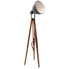 Wooden Tripod Gray Enamel Vintage Industrial Spot Light Floor Lamp