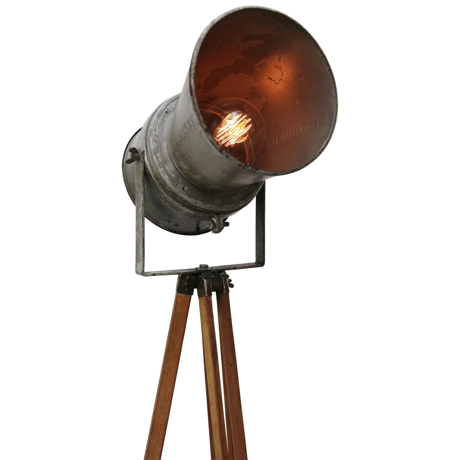 German Wooden Tripod Gray Vintage Industrial Spot Light Floor Lamp