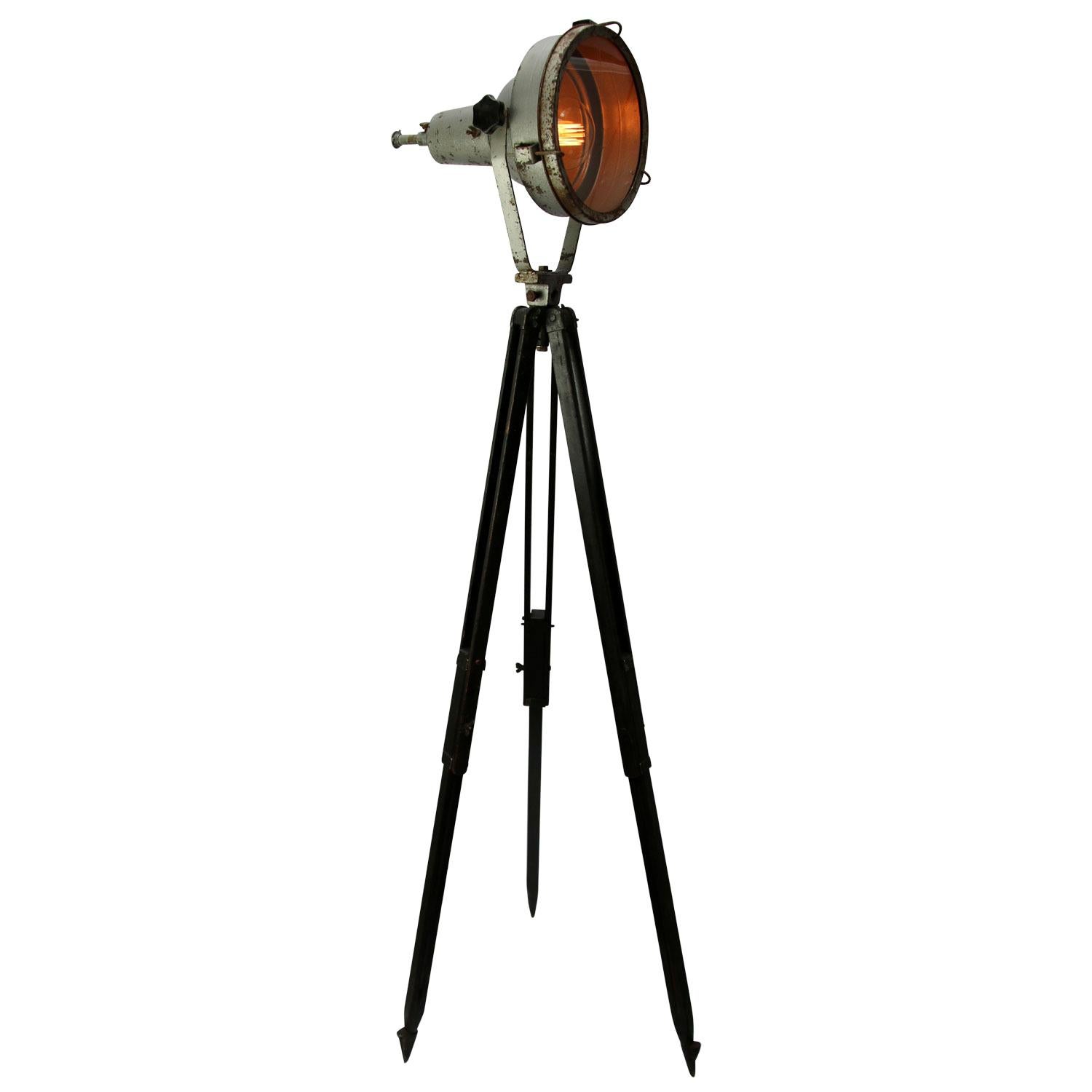 Wooden Tripod Grey Aluminum Vintage Industrial Clear Glass Spot Light Floor Lamp For Sale