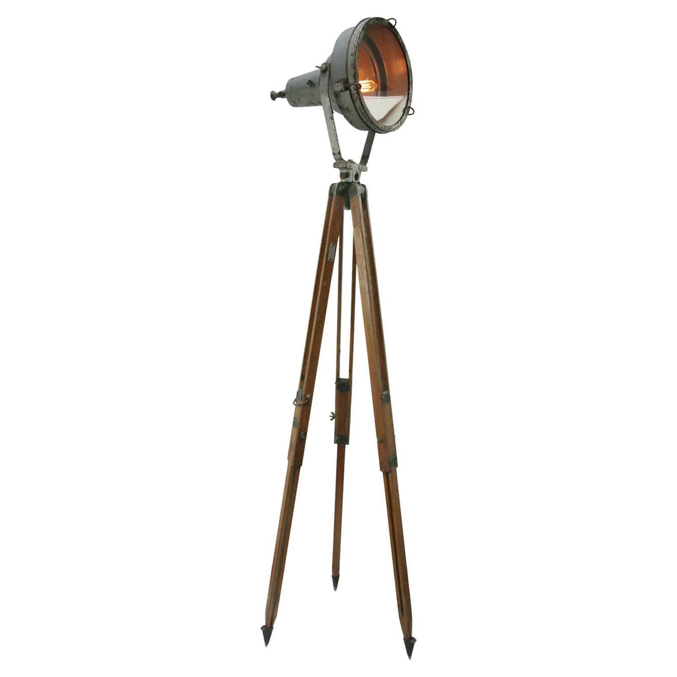 Wooden Tripod Grey Iron Vintage Industrial Clear Glass Spot Light Floor ...