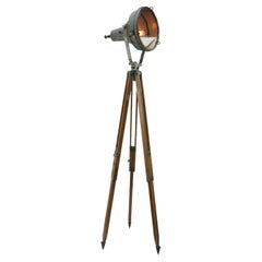 Wooden Tripod Grey Iron Retro Industrial Clear Glass Spot Light Floor Lamp