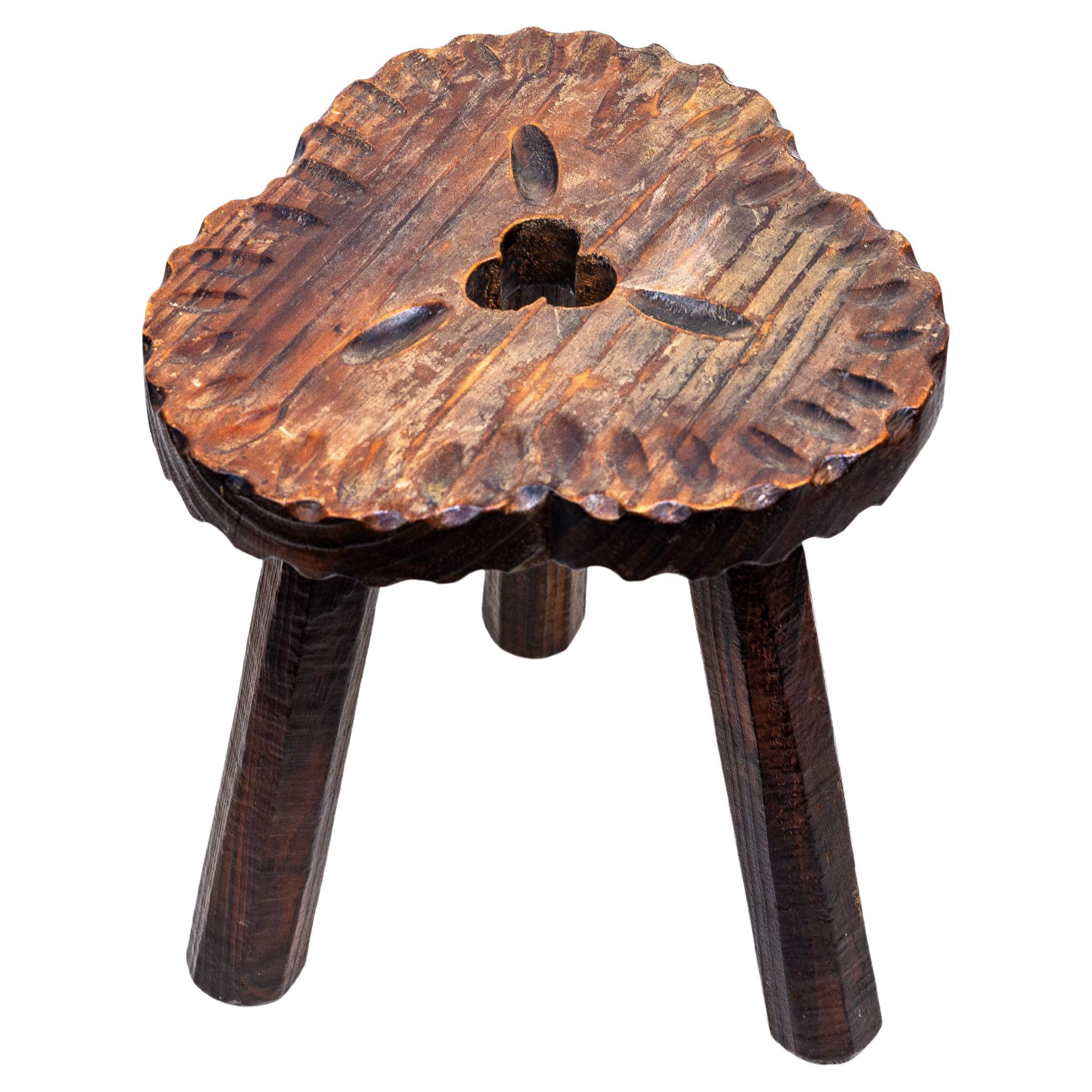 Wooden Tripod Stool, Spanish Folk Art, 1950s