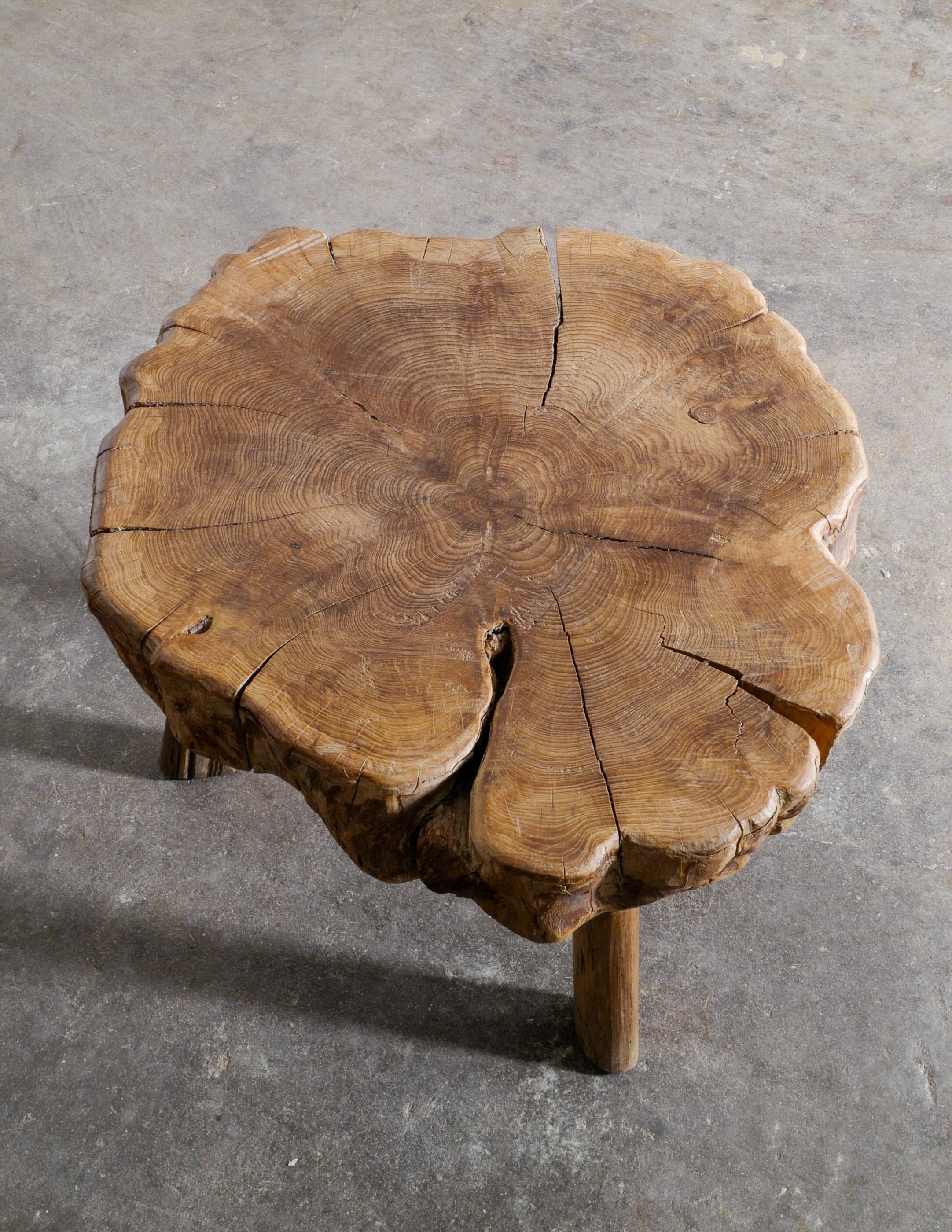 Mid-20th Century Wooden Tripod Tree Trunk Free Form Brutalist French Coffee Side Table, 1960s