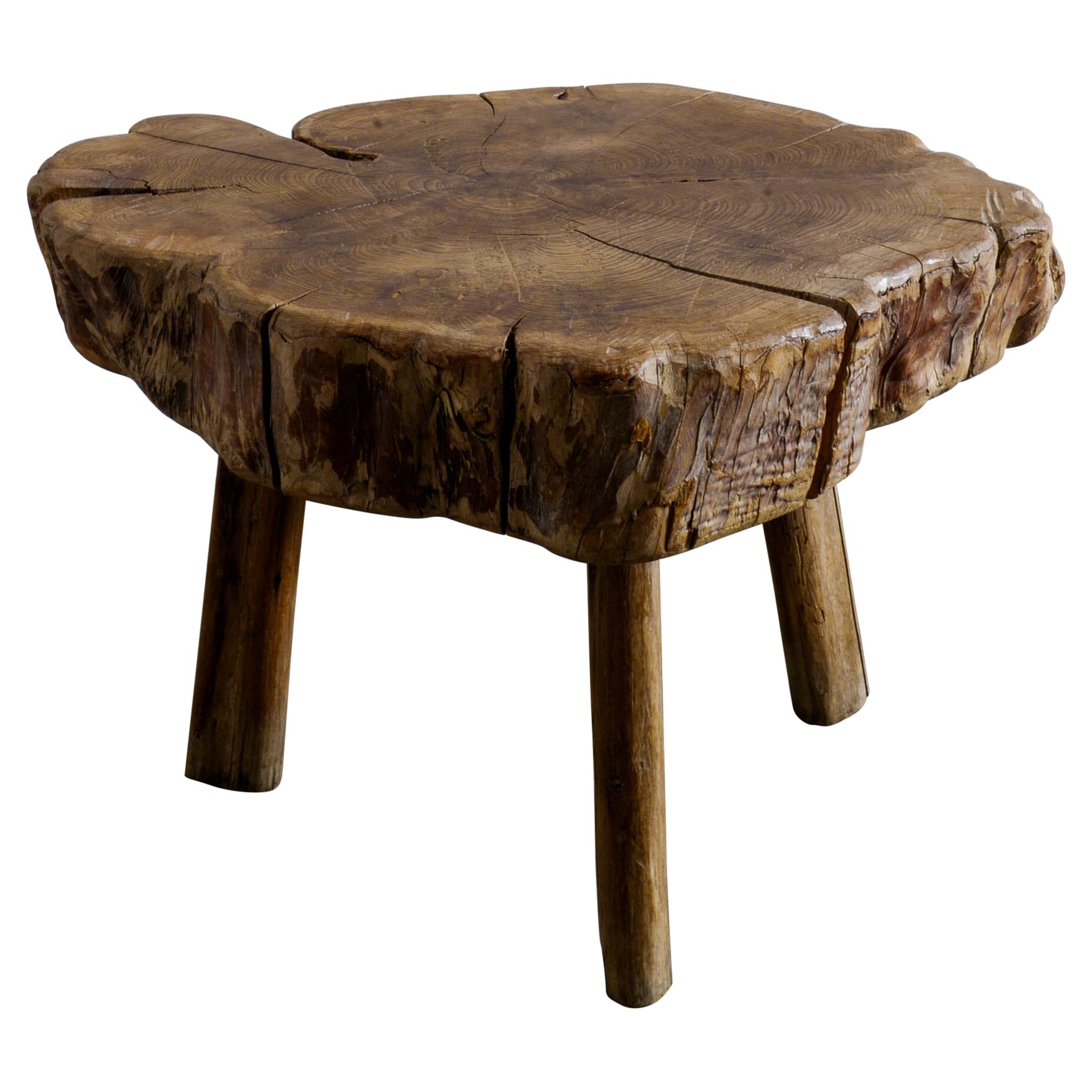 Wooden Tripod Tree Trunk Free Form Brutalist French Coffee Side Table, 1960s
