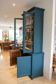 Wooden Two-Piece Vitrine with Glass and Blue Painted Doors