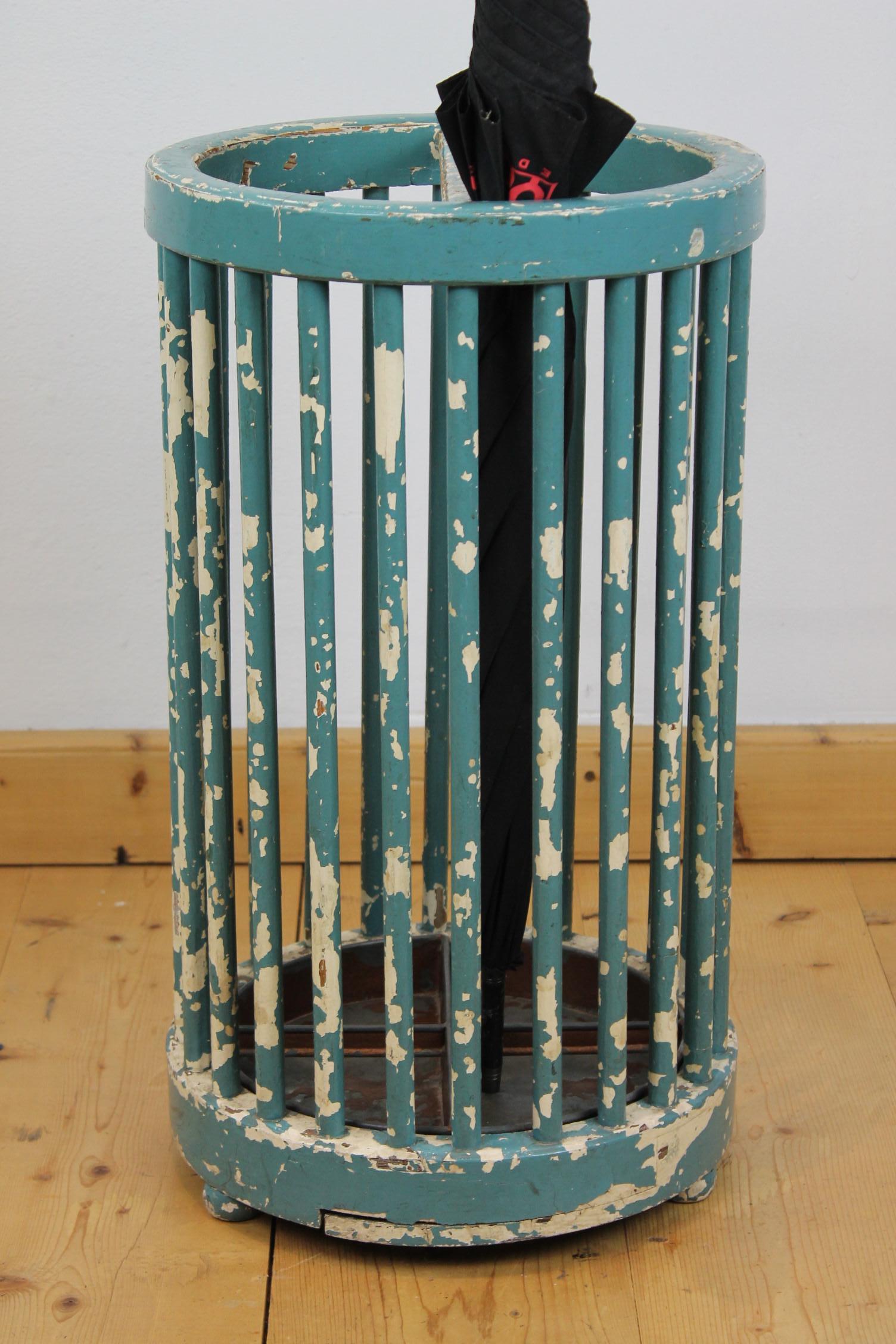 Wooden Umbrella Stand, Turquoise Green, Great Worn Patina For Sale 3