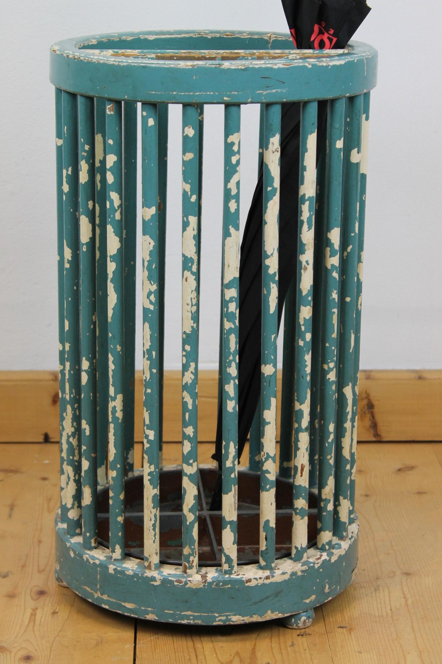Wooden Umbrella Stand, Turquoise Green, Great Worn Patina For Sale 5