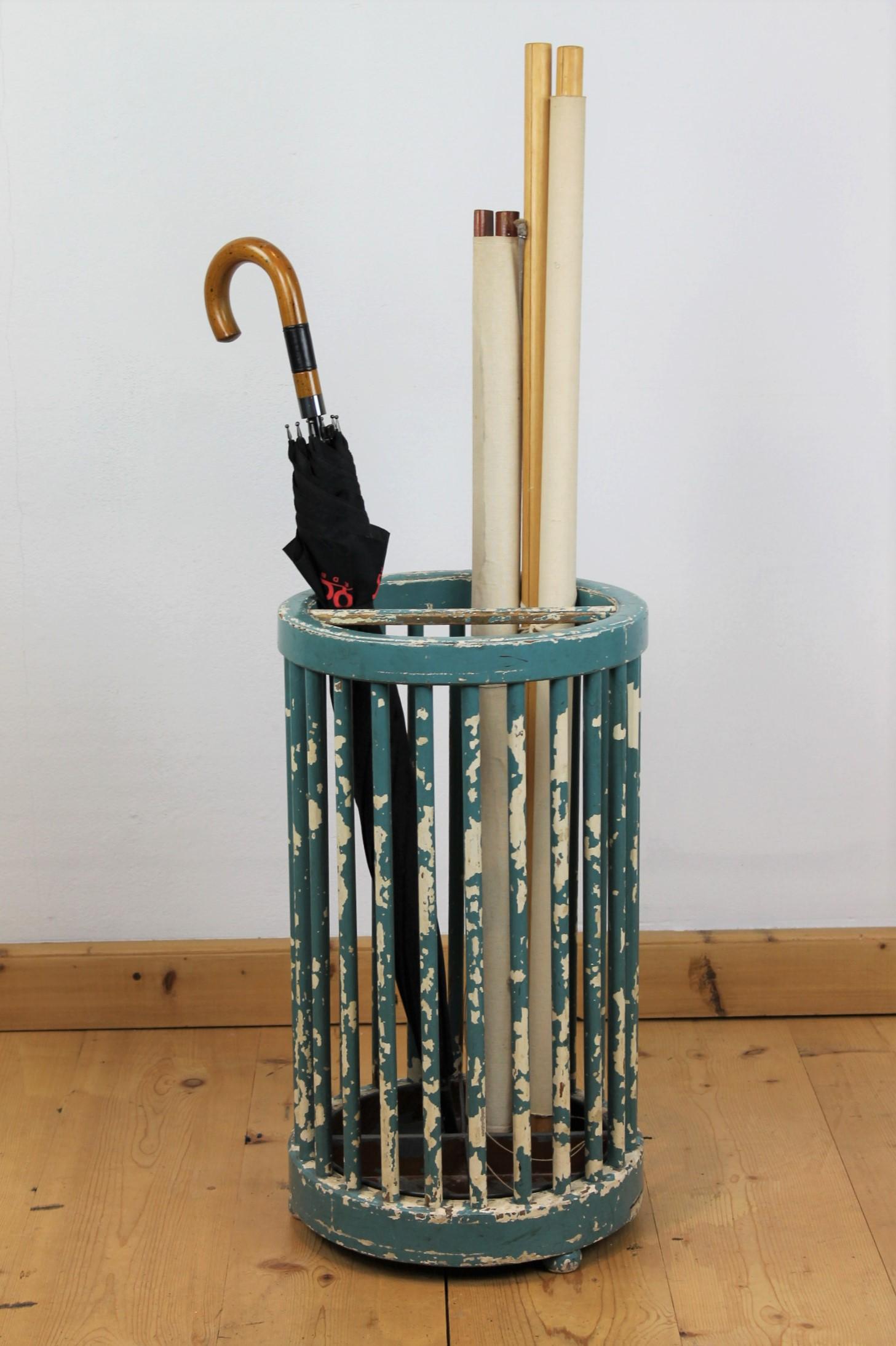 Wooden Umbrella Stand, Turquoise Green, Great Worn Patina For Sale 10